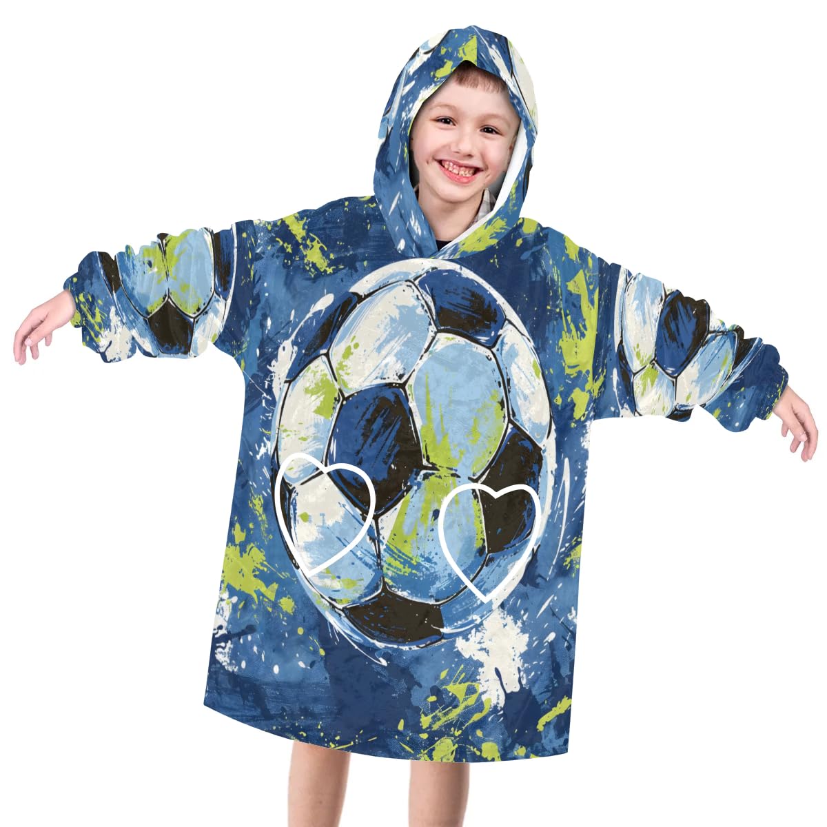 Wearable Blanket Hoodie for Kids, Glitter Soccers Fleece Sweatshirt Blanket Pretty Football Oversized Blanket Sweatshirt with Pocket Flannel Warm Hooded Blanket 6-10 Year Old Girl Boy Gift, One Size