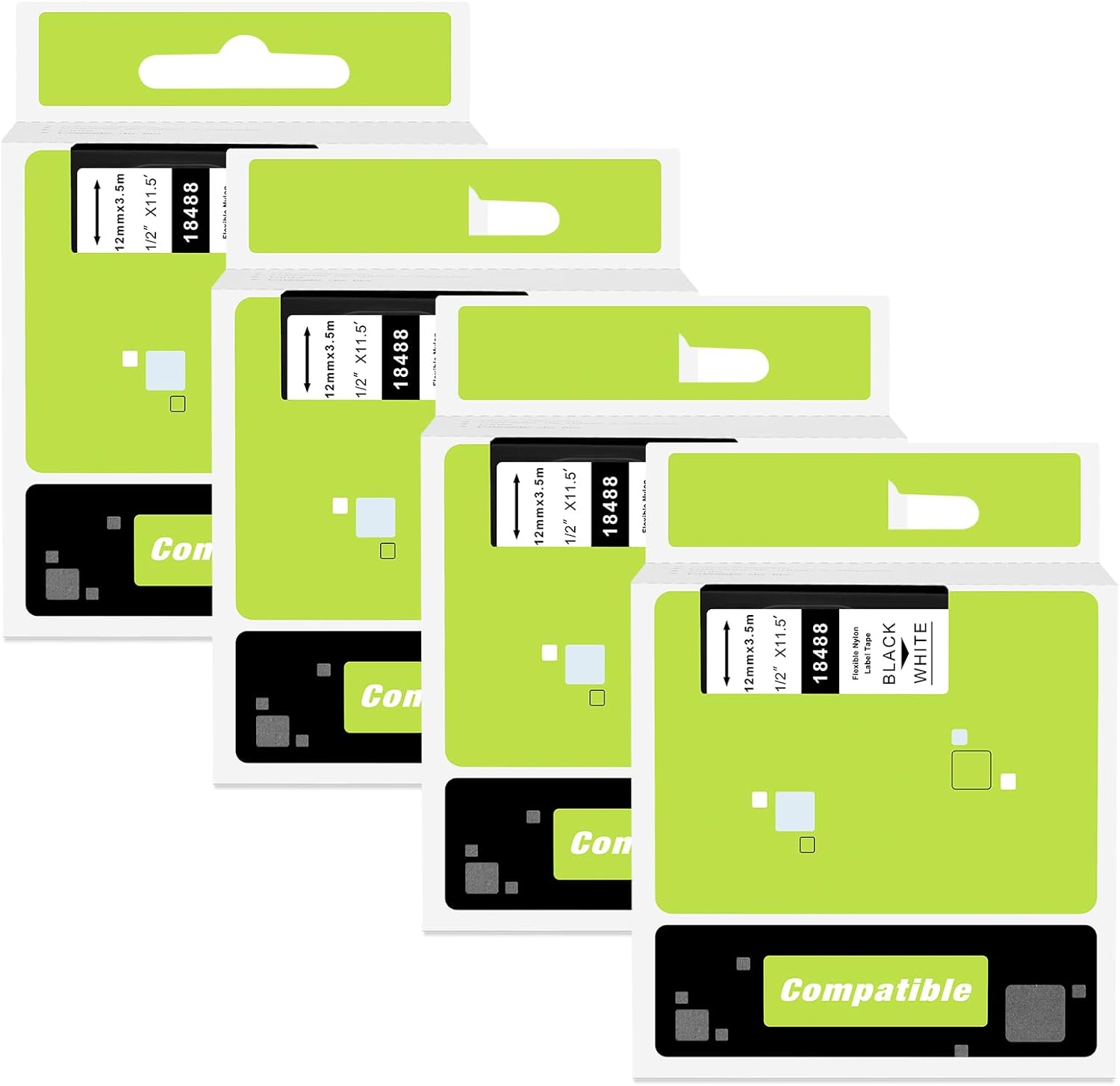 18488 Replace for Dymo Rhino Flexible Nylon Industrial Label Tapes, Use with DYMO Rhino Pro 4200 5200 5000 6000 Label Maker, Black on White, 1/2'' x 11.5' (12mm x 3.5m), 4-Pack