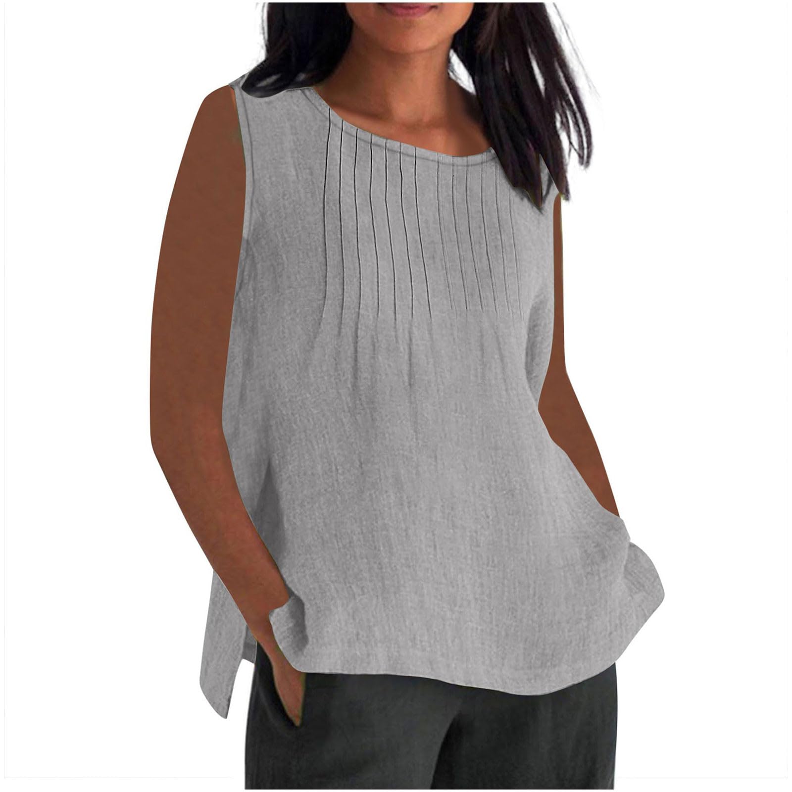 RLEHJN Musselin Tank Top Damen,Lang Trägertop Locker T-Shirt Lässige Baumwoll Leinen Tanktops Sommer Plissierte Ärmelloses Tunika Leichte Damen T-Shirt Strand Vest Blusentop Übergröße S-5XL