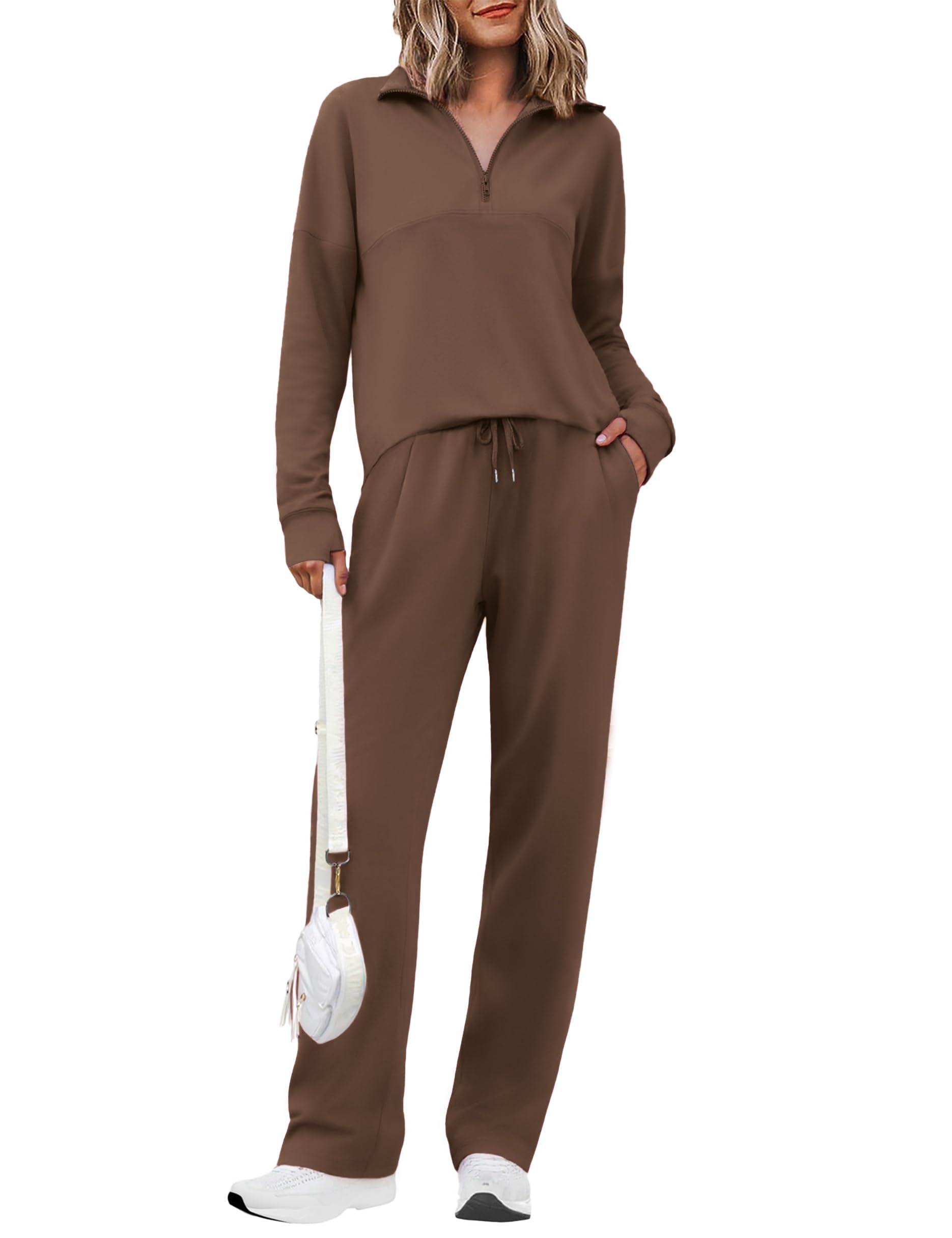 Totatuit Womens Sweatsuits 2 piece Set Lapel Half Zip Lightweight Sweatshirts and Wide Leg Pants Tracksuit Lounge Sets