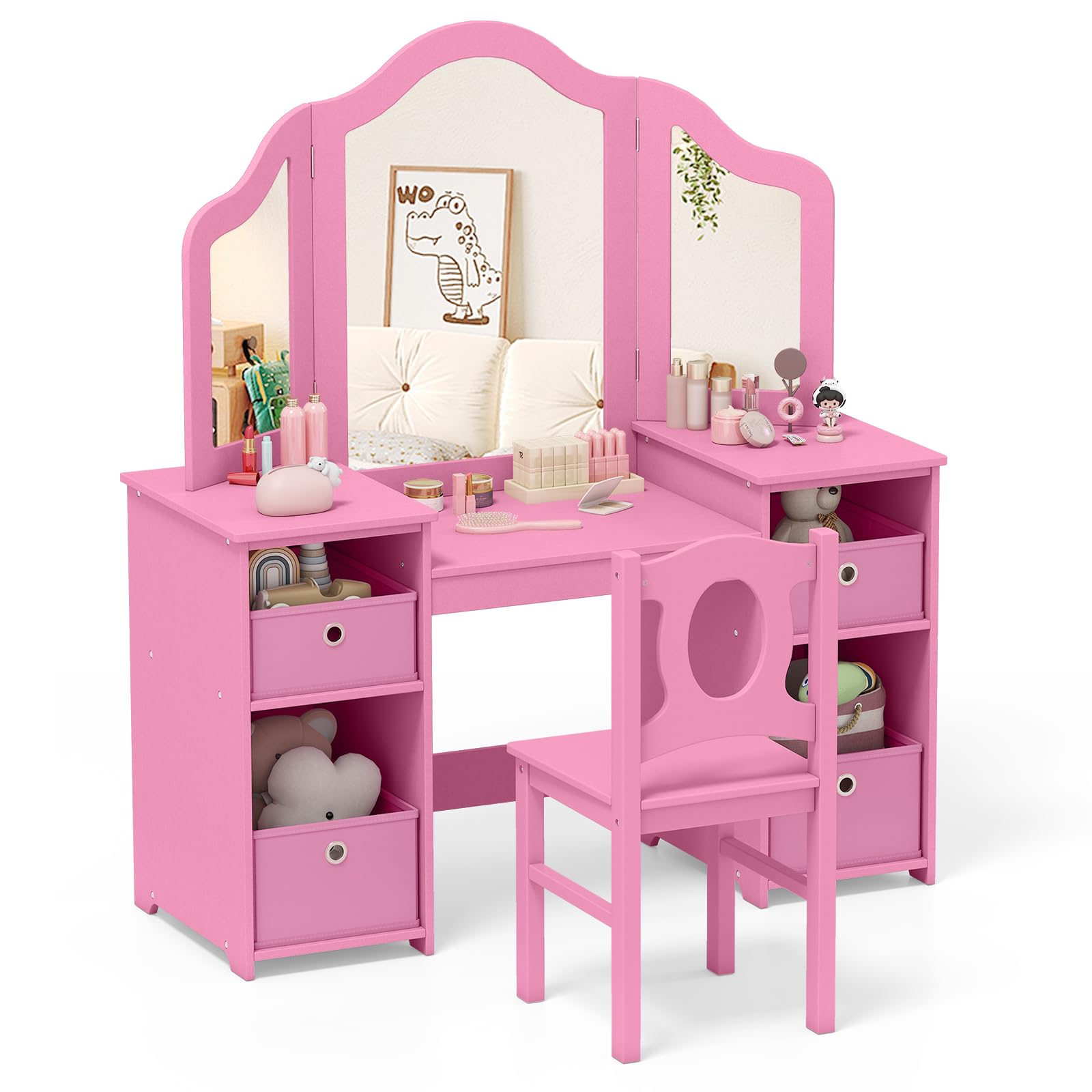 COSTWAY Kids Vanity Table and Stool Set, Princess Makeup Dressing Tables with Tri-Folding Detachable Mirror, 4 Storage Shelves, Wooden Children Study Desk for 3+ Years Old (Pink with Bins)