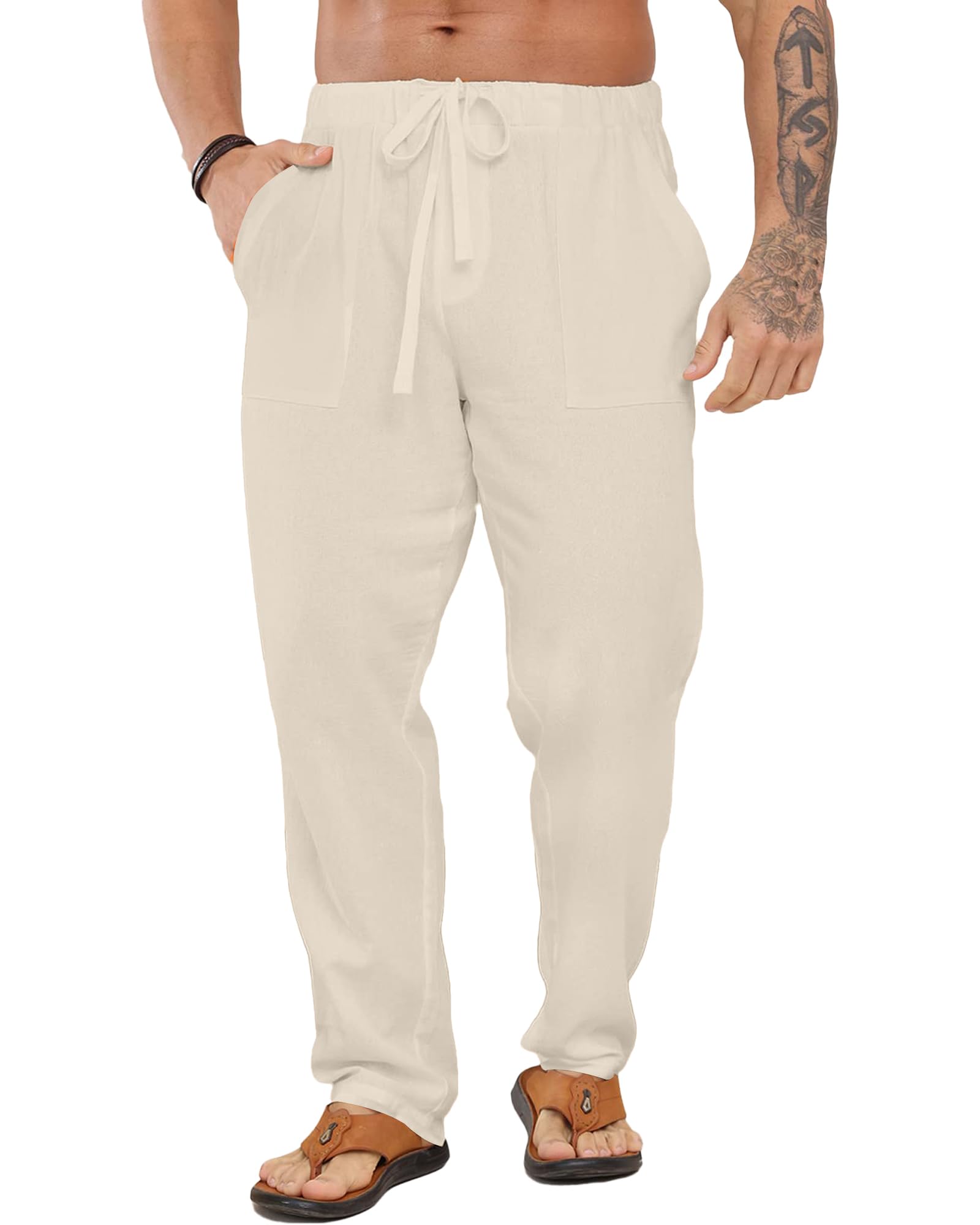 LVCBL Herren Leinenhose Lange Herren Stoffhose mit Taschen Luftig Sonnenschutz Strandhose M-3XL