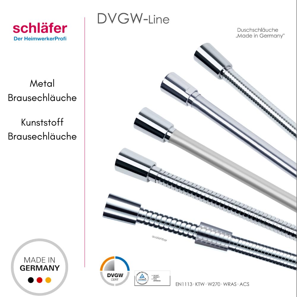 Schläfer 807690 | Flessibile Doccia 2,00 metri Connessione Universale G 1/2" Tubo Flessibile Doccia 200 cm in Plastica, Flessibile Metaflex Argento, Tubo Spiro-Flex, Ottima Resistenza Antipiega