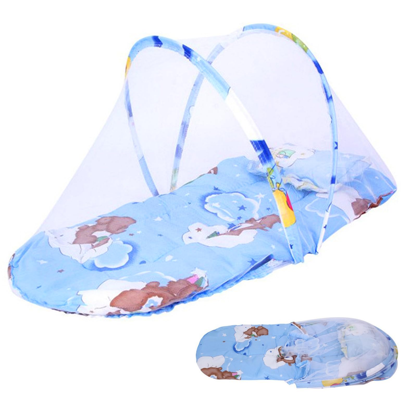 BeauentyBaby Mosquito Net, Folding Baby Bed Tent with Mat and Pillow, Universal Kid Net Bed for Home Travel (Blue)