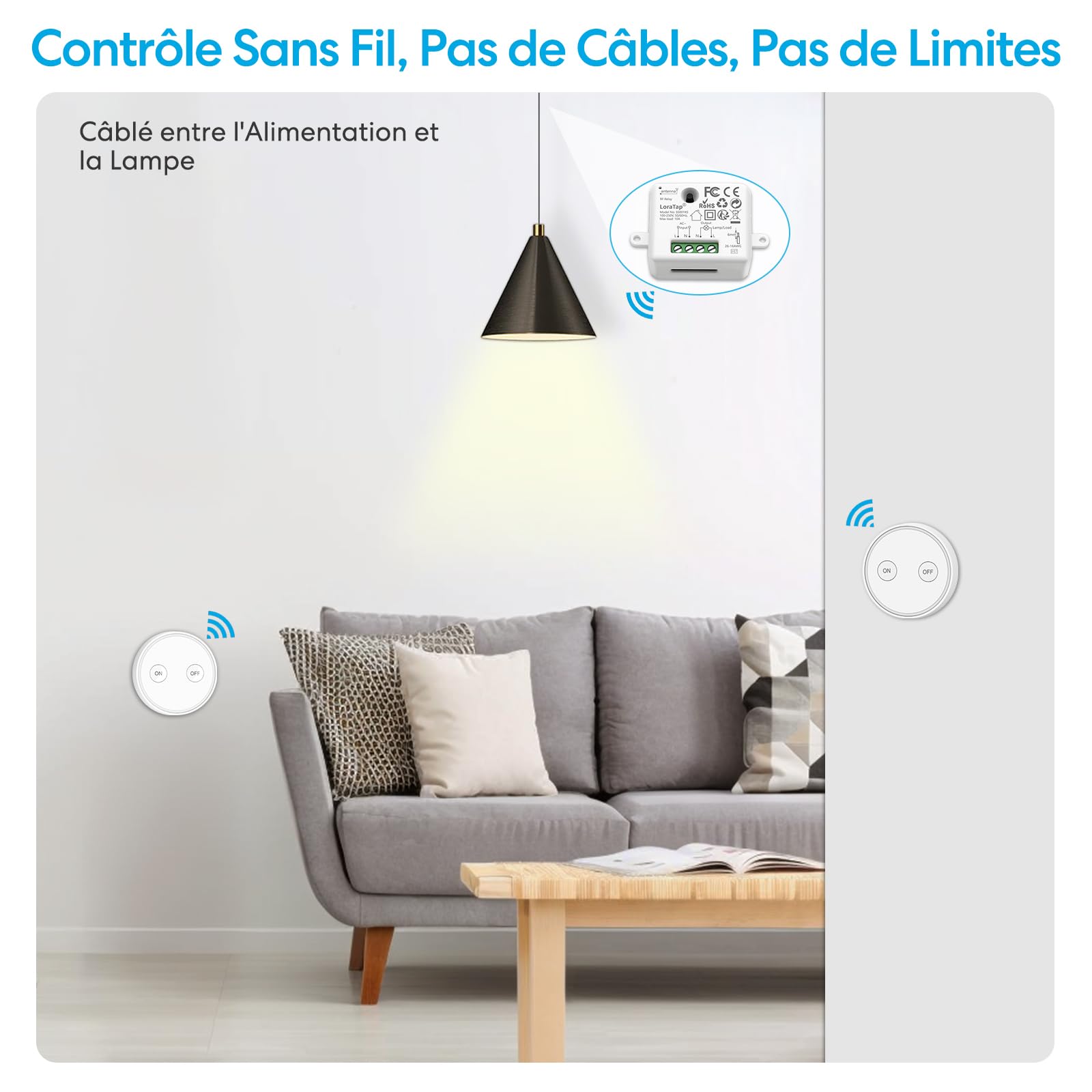 LoraTap Kit Interrupteur Sans Fil, Va et Vient, Récepteur 2500W, Portée 200M, Emetteur Radio 868Mhz, Commande à Distance Mural Avec 2 Télécommandes ON/OFF Pour Eclairage