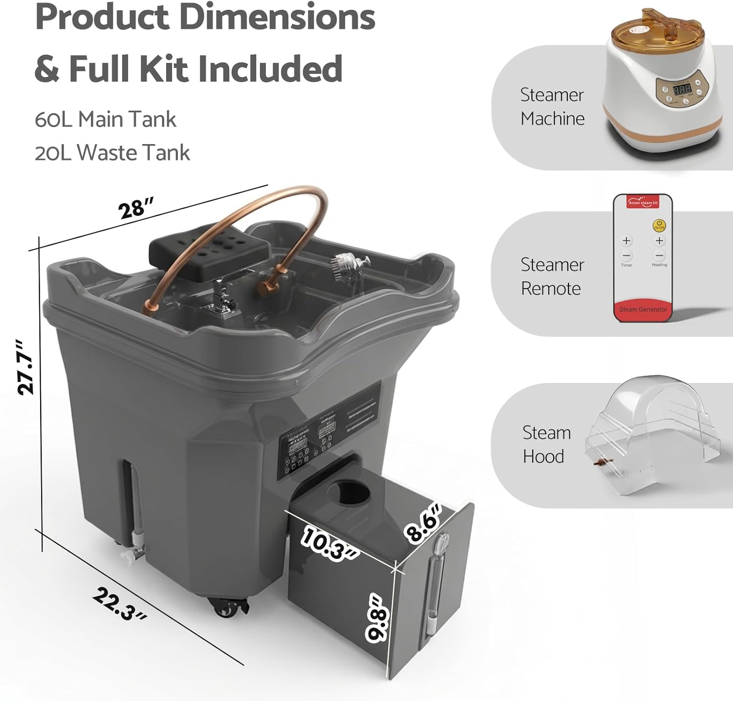 Professional Head Spa Equipment with Thermostatic Waterfall Circulation, 60L Water Tank, Mobile Shampoo Basin with Steam & LED Therapy for Salon Scalp Care (Black)