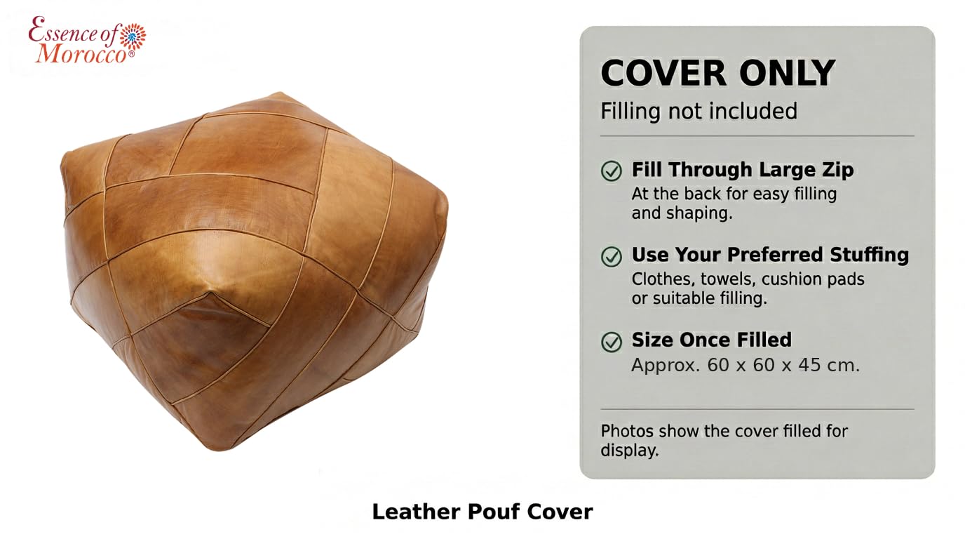 Marokkanischer Pouf Pouf Ottoman Fußbank Fußstütze Quadratisch Extra Groß Echtes Naturbraunes Leder Handgenäht Kachel Design (nur Bezug)