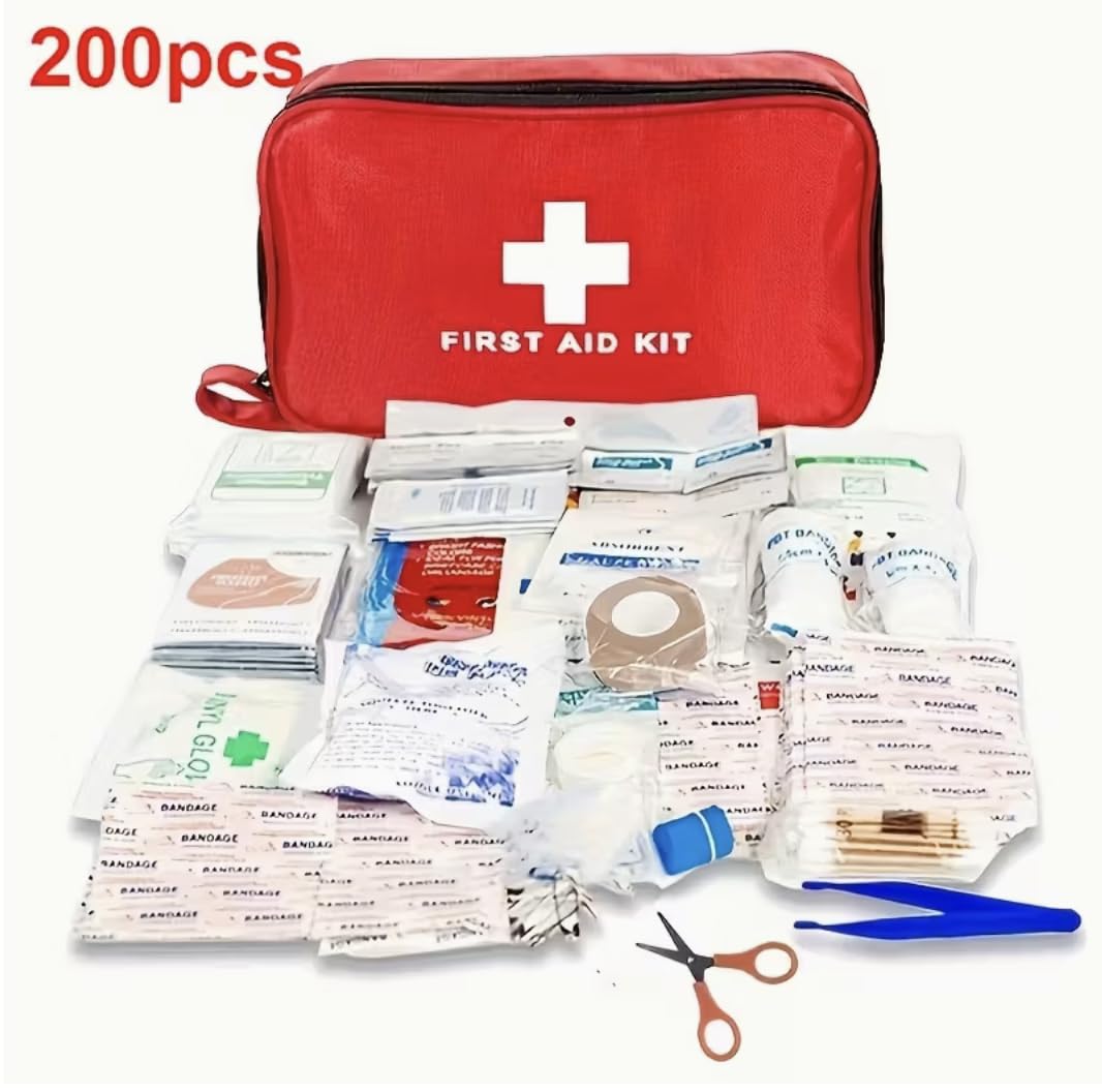 Paquete de emergencia - Bolsa de primeros auxilios de alta calidad con 200 artículos - Incluye enjuague para los ojos, 2 paquetes fríos y mantas de emergencia para el hogar, la oficina, el coche o la