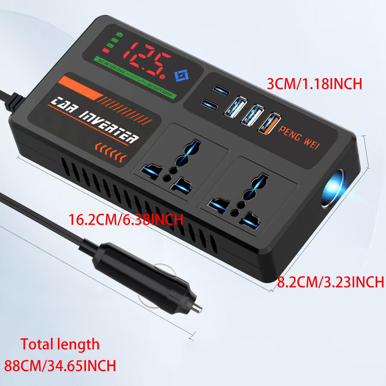 Photo 1 of High Power Car Inverter 12V/24V DC to 220V AC Converter Universal Dual AC Socket with QC3.0 and 2 Type-C Interfaces, Smart LED Display and Independent Switches for Car/Truck (Black)