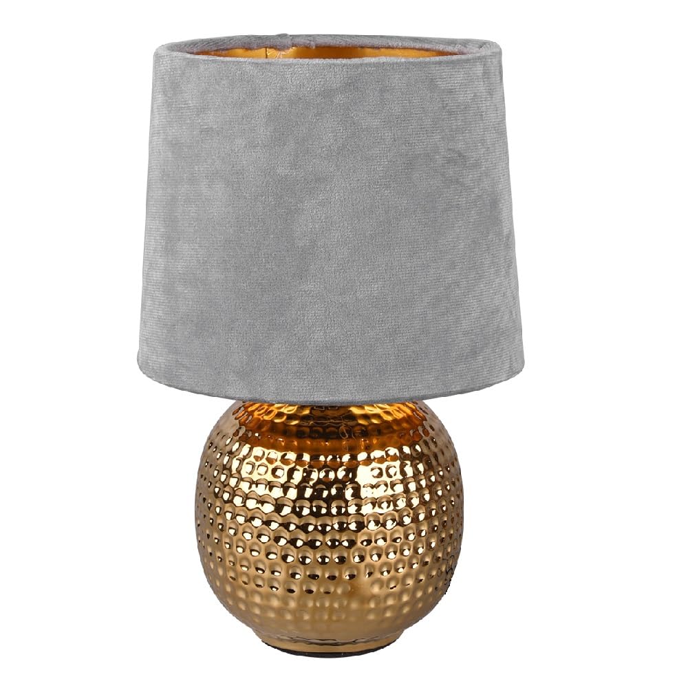 Britalia Gold Ceramic Vintage Hammered Globe Table Desk Lamp with Grey Velvet Shade | 26cm Height | 1 x SES E14 Lamp Bulb Required | UK Approved | Retro Design | Tapered Drum Lampshade