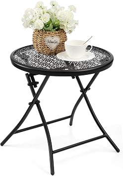 TeoKJ Folding Outdoor Side Table, Anti Rust Small Patio Table Round, Small garden table Metal End Table with Flower Cutouts for Porch Yard Balcony Deck Lawn, Black