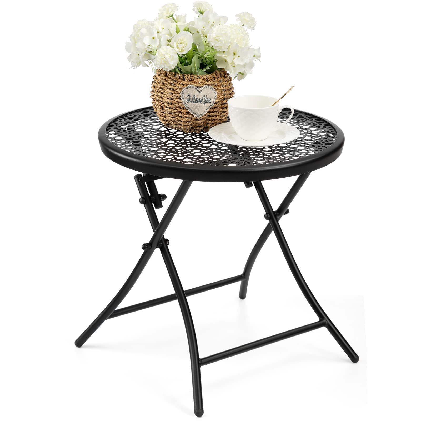 TeoKJ Folding Outdoor Side Table, Anti Rust Small Patio Table Round, Small garden table Metal End Table with Flower Cutouts for Porch Yard Balcony Deck Lawn, Black