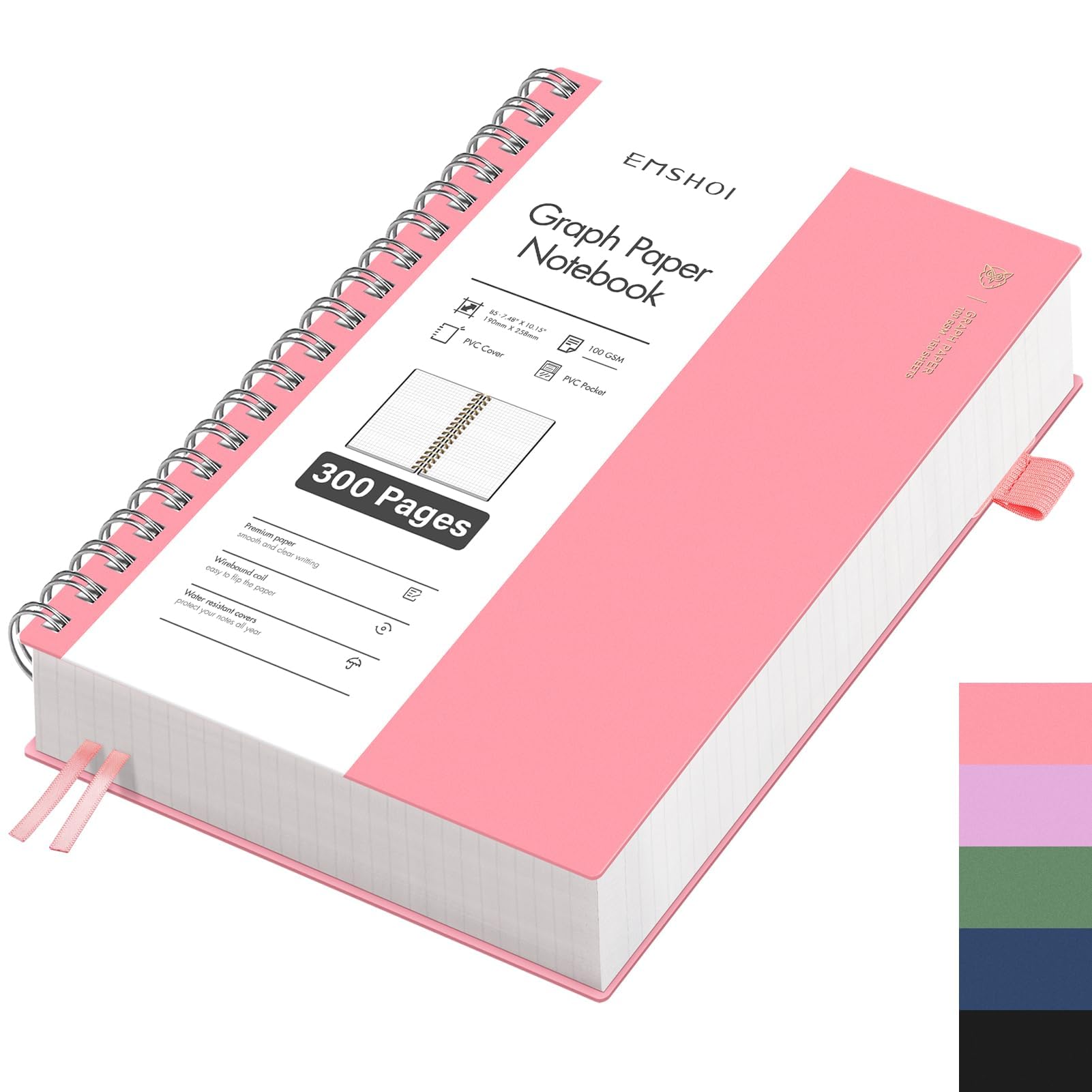EMSHOI Notebook B5 Chequered, Spiral Notepad with 300 Pages / 150 Sheets, 100gsm Checked Paper for Writing, PVC Hard Cover, Notebooks for School, Work, Drawing, Travel, 19 x 25 cm - Pink