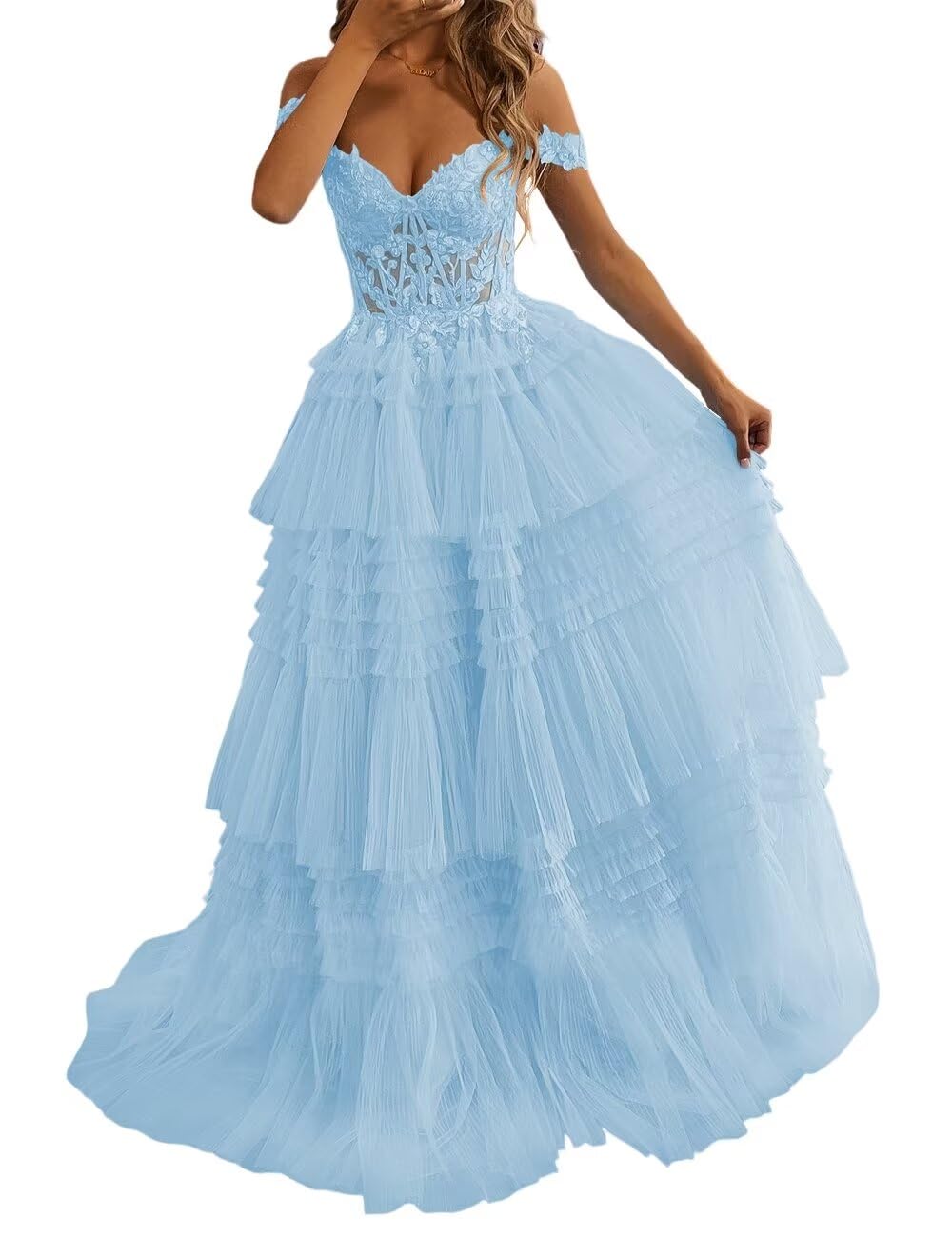 DessinyWomen‘s Lace Applique Prom Dresses 2024 Off Shoulder Formal Evening Party Dress for Teens V Neck Tulle Ball Gown DE112