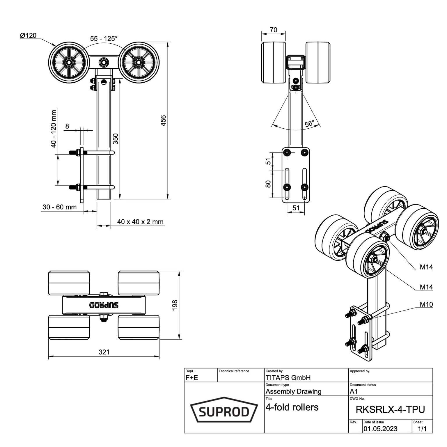SUPROD 4er Sliprollen Slipwagen Sliphilfe Bootstrailer TPU Reifen Ø 120 mm