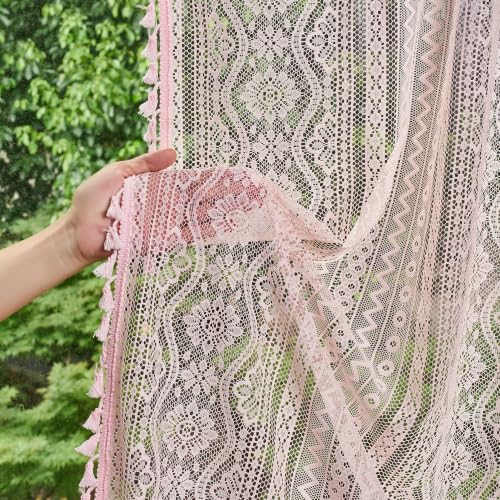 Image of MYSKY HOME Pink Sheer Lace Curtains 2 Panels 84 inch Length for Girls Room Nursery Boho Vintage Floral Crochet Pattern Privacy Rod Pocket Tassels Small Windows Curtains, Wide 55 inch, 2 PCs