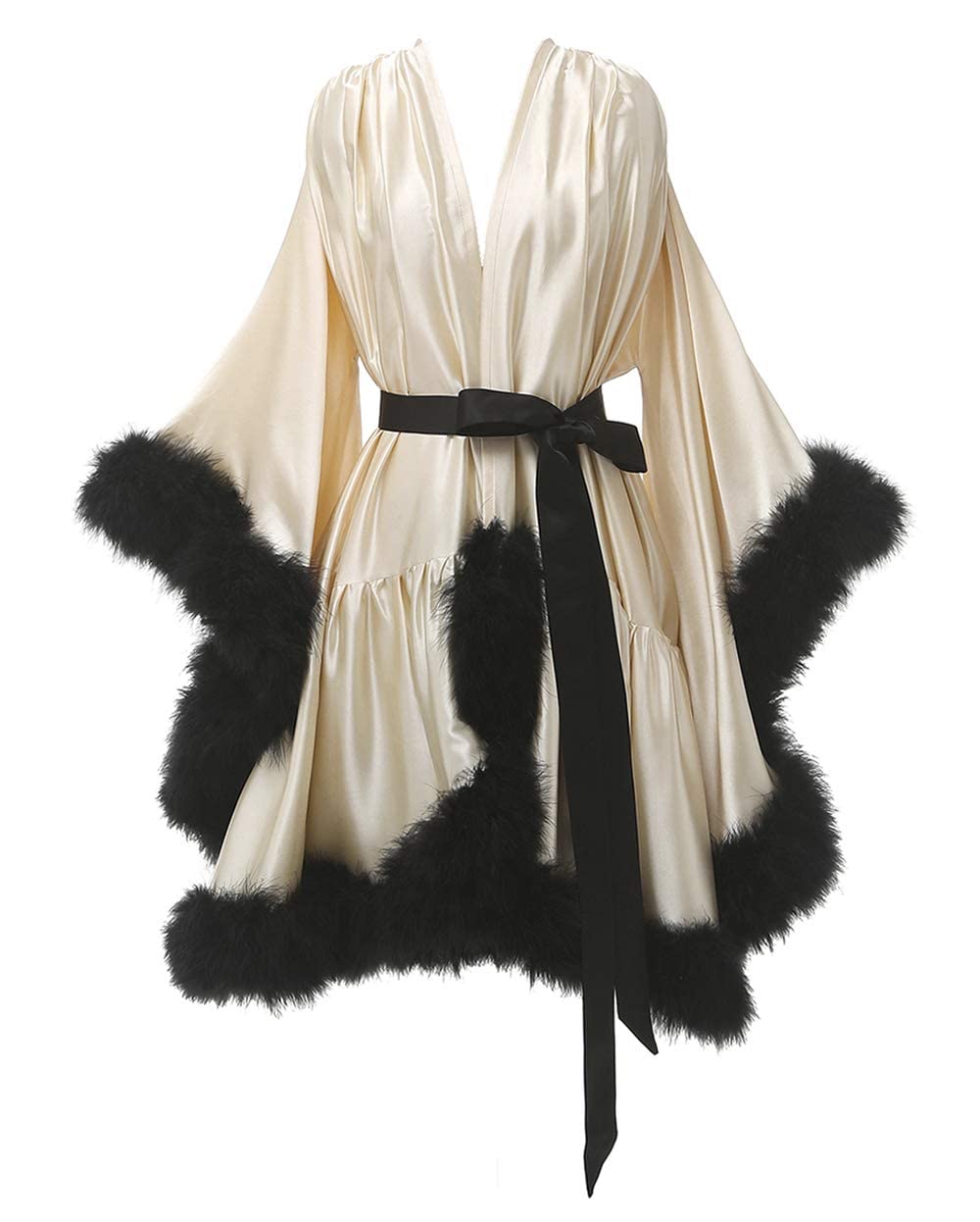 ChanguanWomen's Feather Robe Silk Satin Fur Bridal Robe Short Dressing Gown Lingerie Nightgown Bathrobe Sleepwear