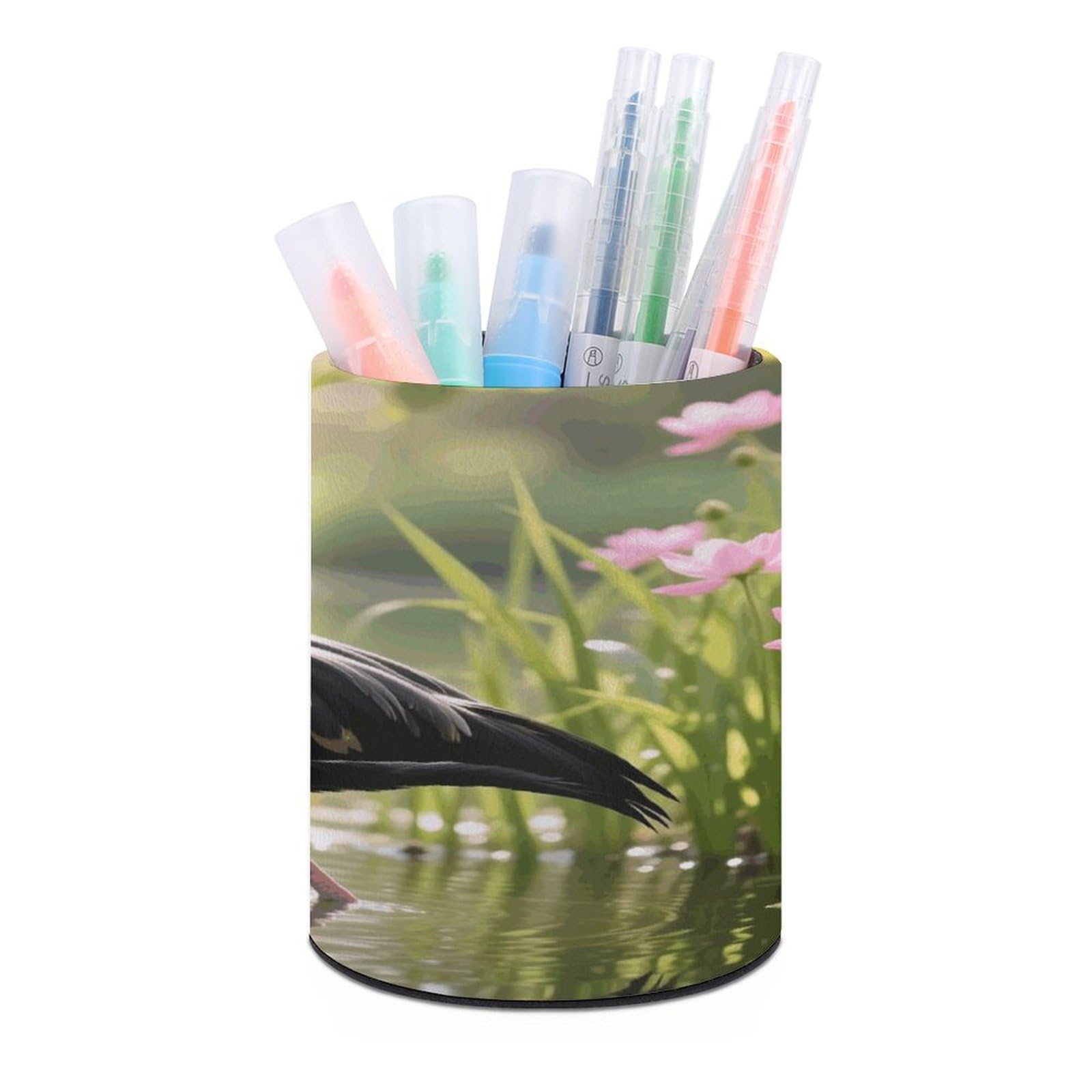 Black Flamingo Pen Holder Multi-Functional Round Pencil Holder Cute Office Decoration Pen Cups Simple Design PU Leather Paintbrush Cups for Home Office Desk