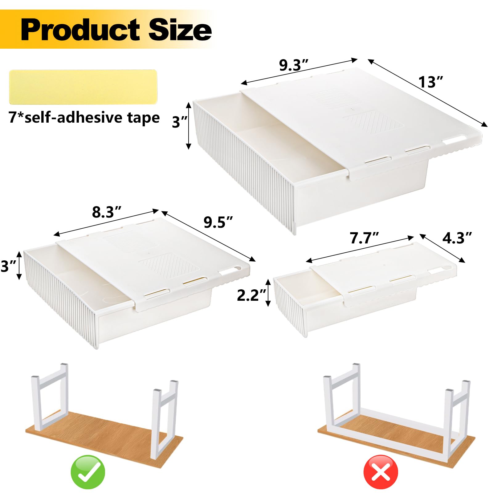 Konnectu2122 Under Desk Drawer, Self-Adhesive Slide Out Storage Organizer 4 Customizable Dividers 2 Pack White