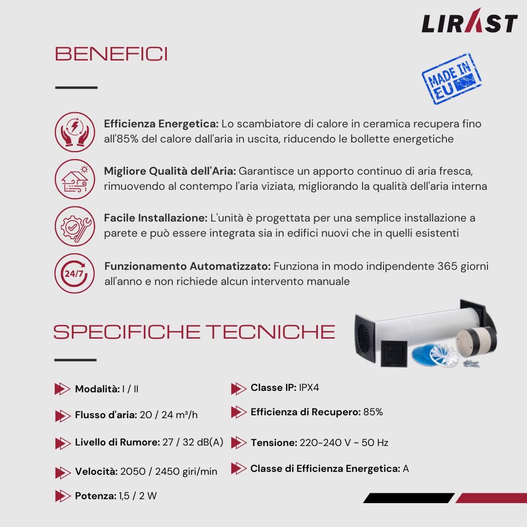 100mm Ventilazione Meccanica Controllata VMC Doppio Flusso Recupero Calore con Interruttore - Antracite VMC Recuperatore di Calore Doppio Flusso