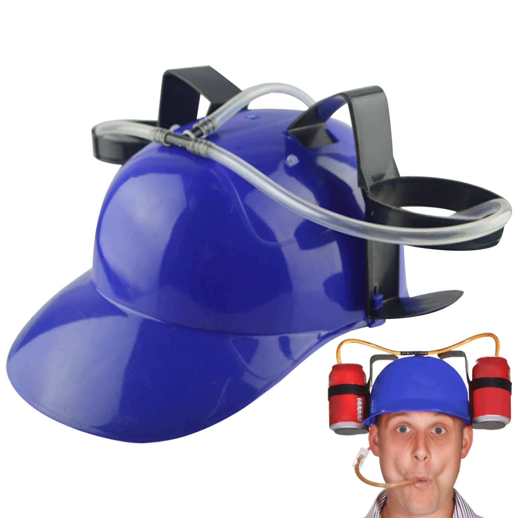 Pesoncarl Chapeau à Boire Bière - Casque Amusant 2 Canettes Avec Paille, Idéal Fêtes, Football, Bleu