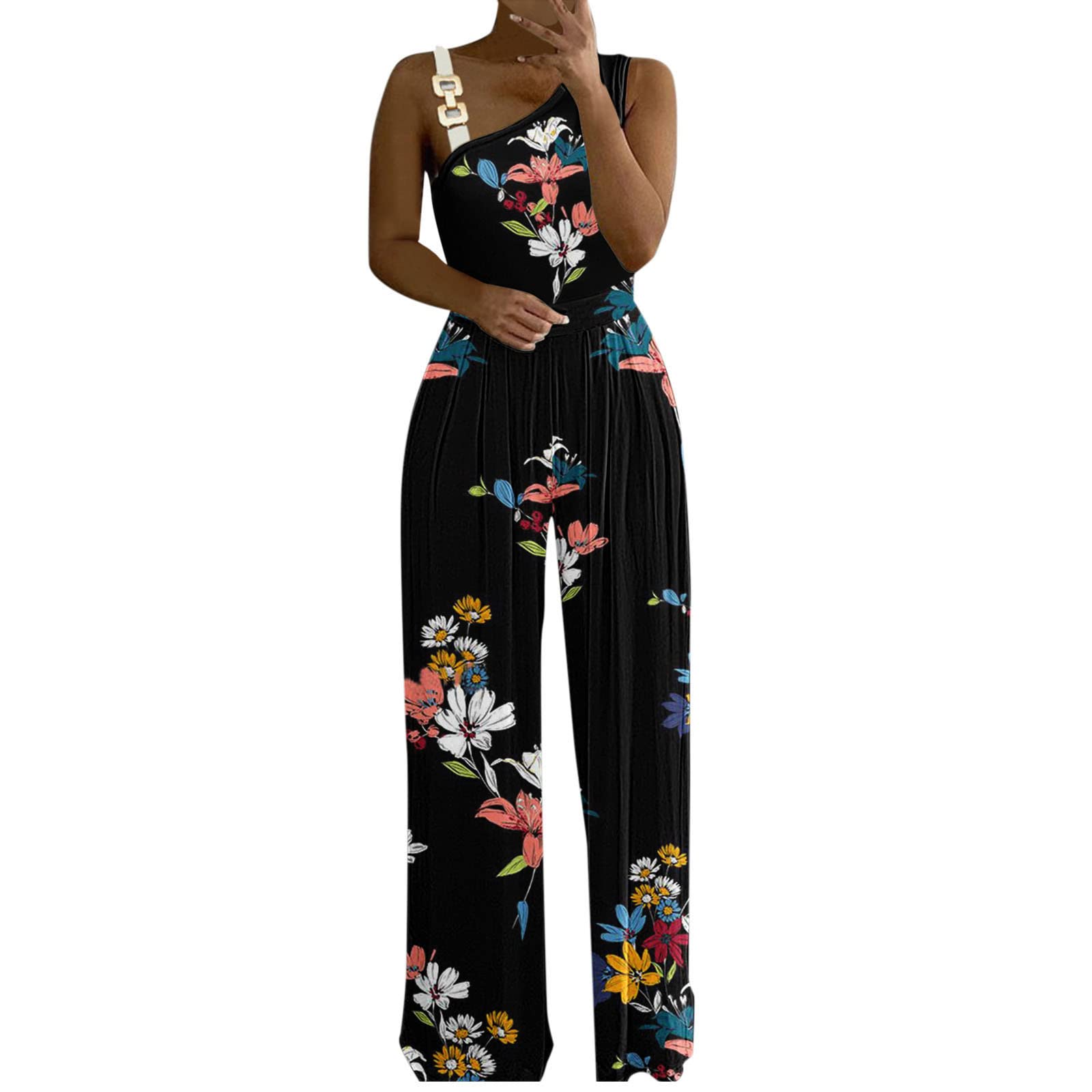 L9WEI Mono elegante con un solo hombro para mujer, cintura alta, pierna ancha, estilo informal, suelto, estampado, túnica, ideal para fiesta