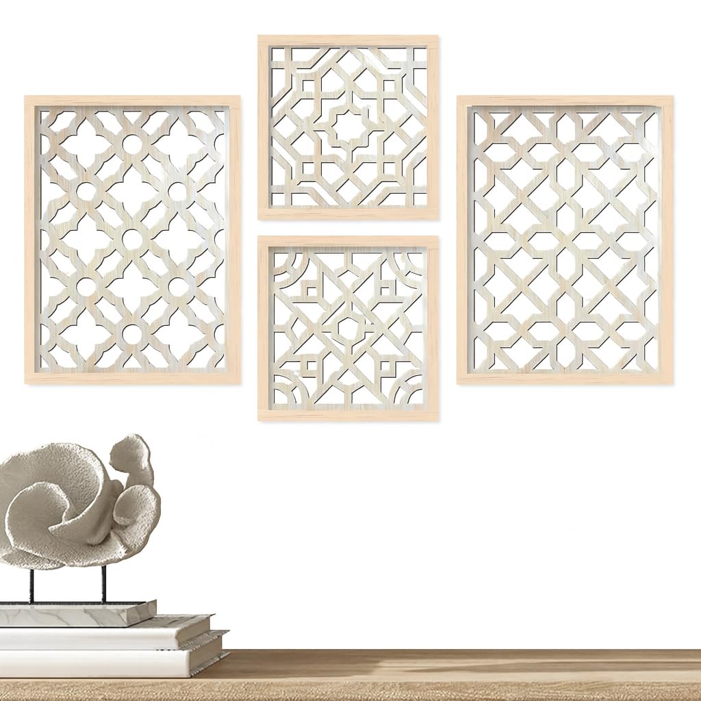AJE Enterprises Wooden Laser Cut Wall Art Panels | Geometric Design Decor Frames | Living Room & Bedroom Wall Hanging Set of 4