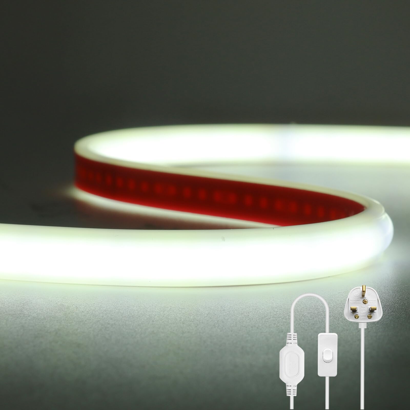 KAFULA 220V COB LED Strip with On/Off Switch [20m, White 6000-6500K], IP65 Waterproof Flexible, 240 LEDs/M Cuttable FCOB LED Neon Strip CRI85+, DIY Decorative Lighting for Home and Stores