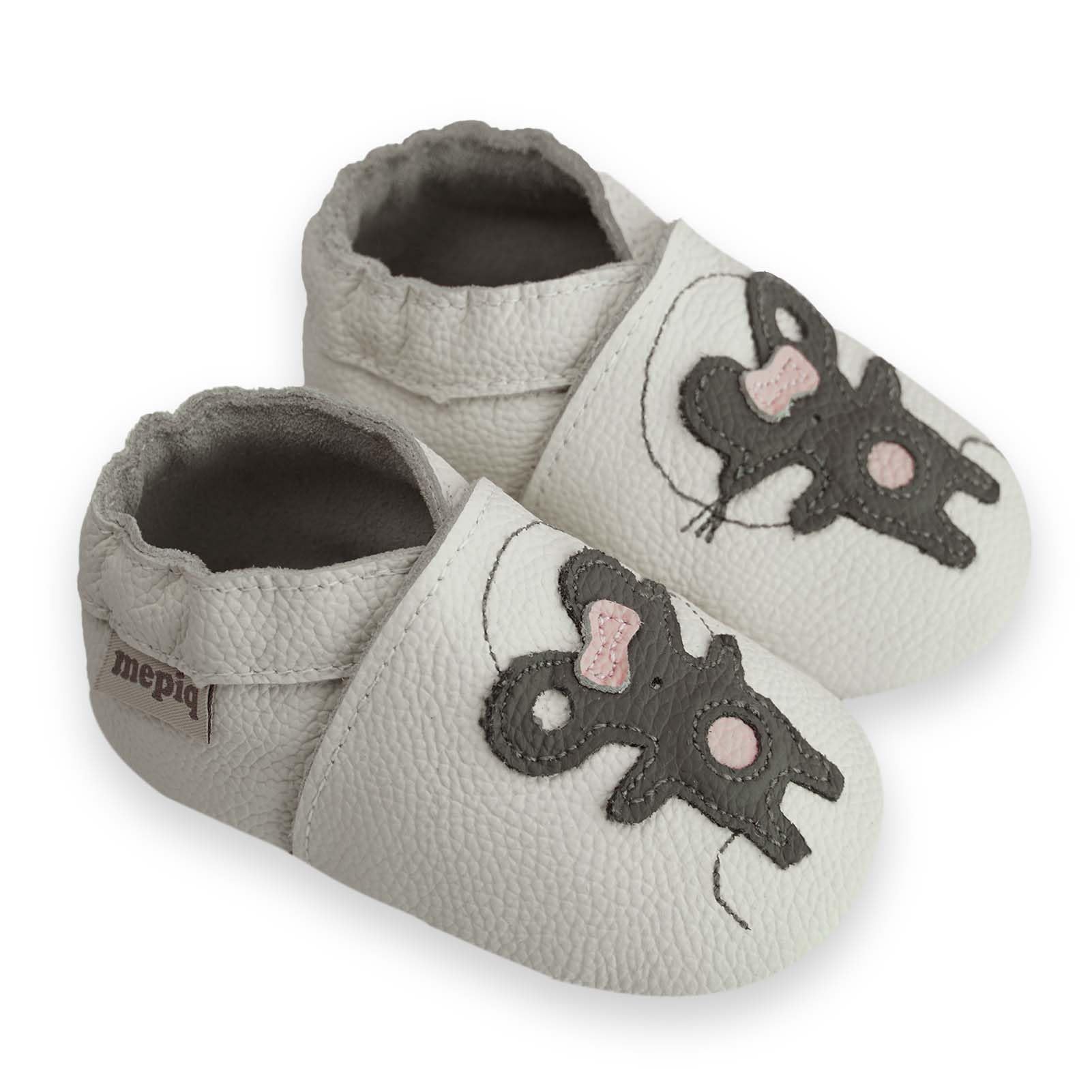 mepiq Toddler Moccasins Baby Shoes with Suede Sole, Soft Leather Anti Slip Crib Walking Baby Shoes Suitable for Indoor First Walking Mouse - White 0-6Months