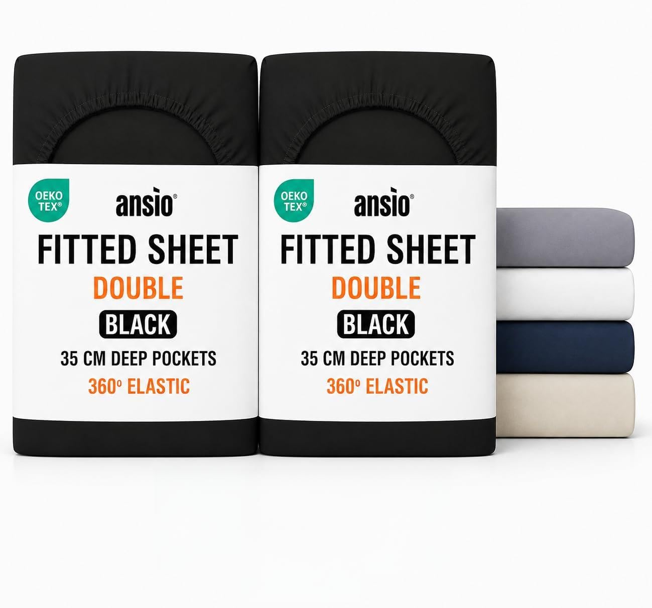 ANSIO® Double (2 Pack) Fitted Sheet Soft Brushed Microfibre Fabric – Extra Deep Pocket 35cm – All-Around Elastic – OEKO-TEX Certified – Easy Care & Naturally Smooth After Wash - Black