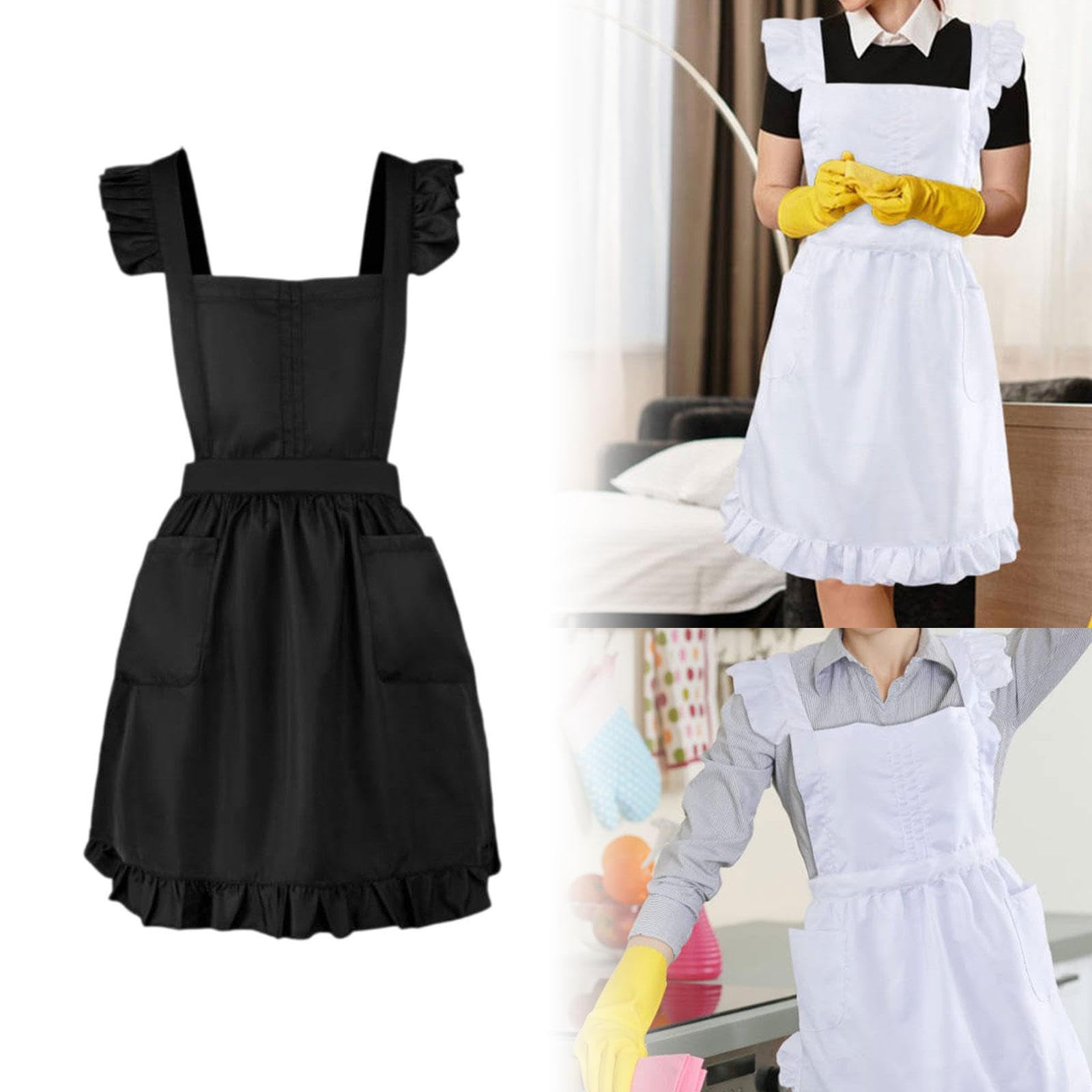 Grembiule retrò con volant regolabile per la casa per ragazze e donne, cucina, cottura, travestimento, cosplay, costume con tasche anteriori, Nero
