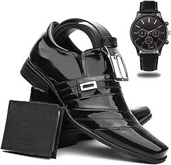 Sapato Social Masculino Verniz + Cinto + Carteira + Relógio