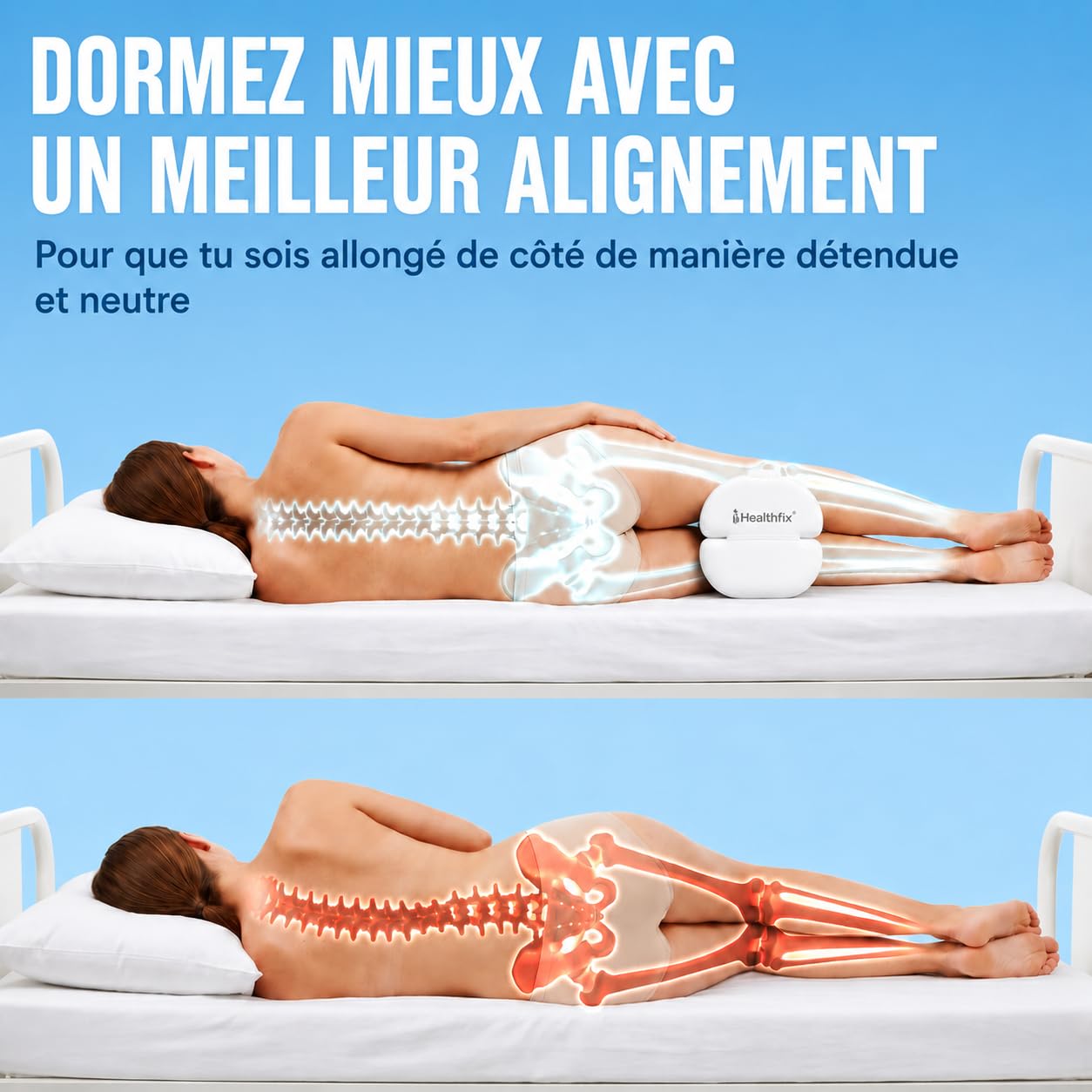 Healthfix Lot de 2 coussins orthopédiques pour les personnes dormant sur le côté, avec sangle, en mousse à mémoire de forme, housse rafraîchissante et lavable, blanc