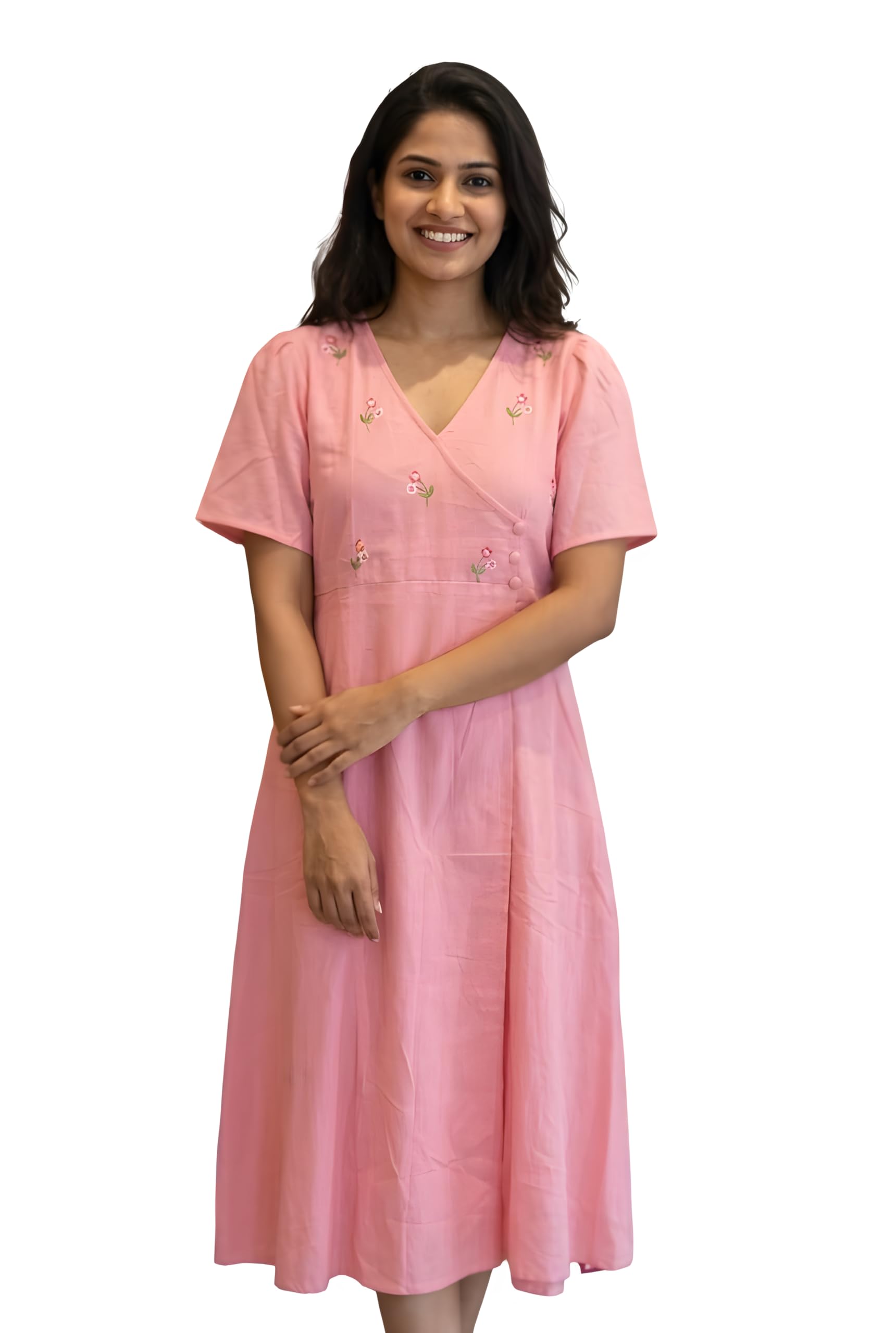 100% Cotton Women's and Girls Pink Floral Embroidered Angrakha Wrap Dress-picture-15