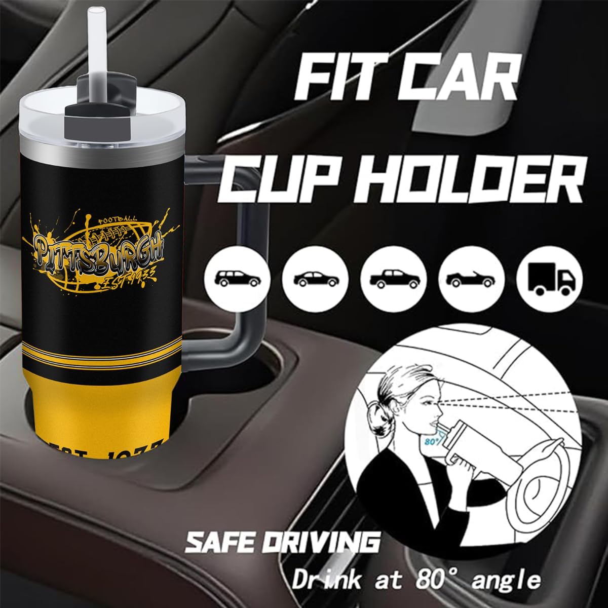 Pittsburgh 30 oz Tumbler with Handle and Straw,Car cup,Coffee Mug,100% Leakproof Insulated Tumbler with Lid and Straw,Made of Stainless Steel,Cup Holder Friendly Base,Classic Collection Gifts for Fans - Image 6
