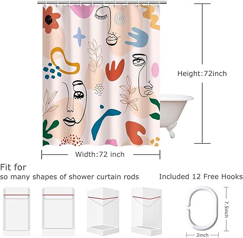 Miniatura 33 de LIVILAN Cortina de ducha de cara abstracta, cortina de ducha moderna, juego de cortinas de ducha con 12 ganchos, cortina de ducha contemporánea