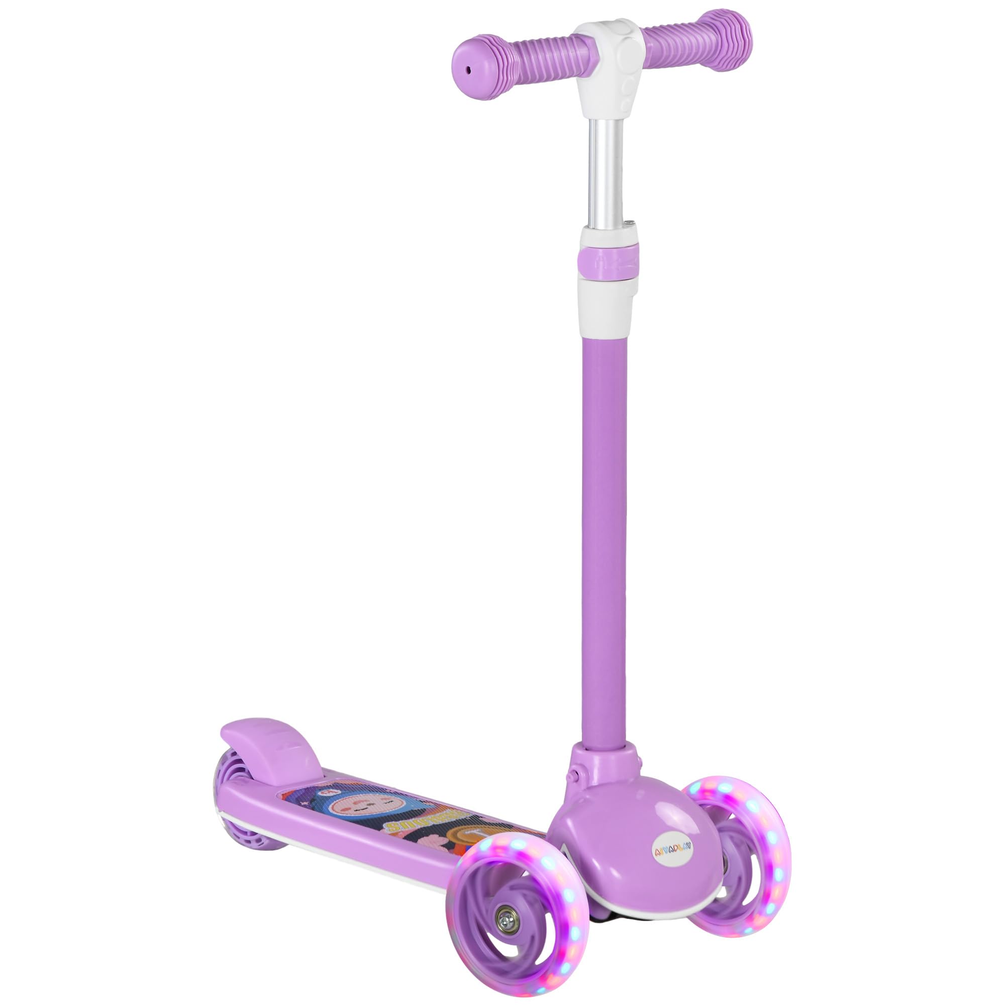 AIYAPLAY Kids Scooter, 3 Wheel Scooter for Toddlers Ages 2-6, with 3-level Adjustable Height, LED Light, TPE Handlebar, Kick Scooter for Boys and Girls, Purple