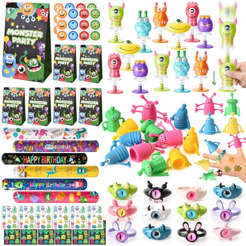 SNLN Monster Party Favors Birthday Supplies Gift Bags Finger Puppets Spring Launchers Toys Monster Big Eye Ring Slap Bracelets Tattoo Stickers Inc Monsters Party Decorations Birthday Favors for Kids