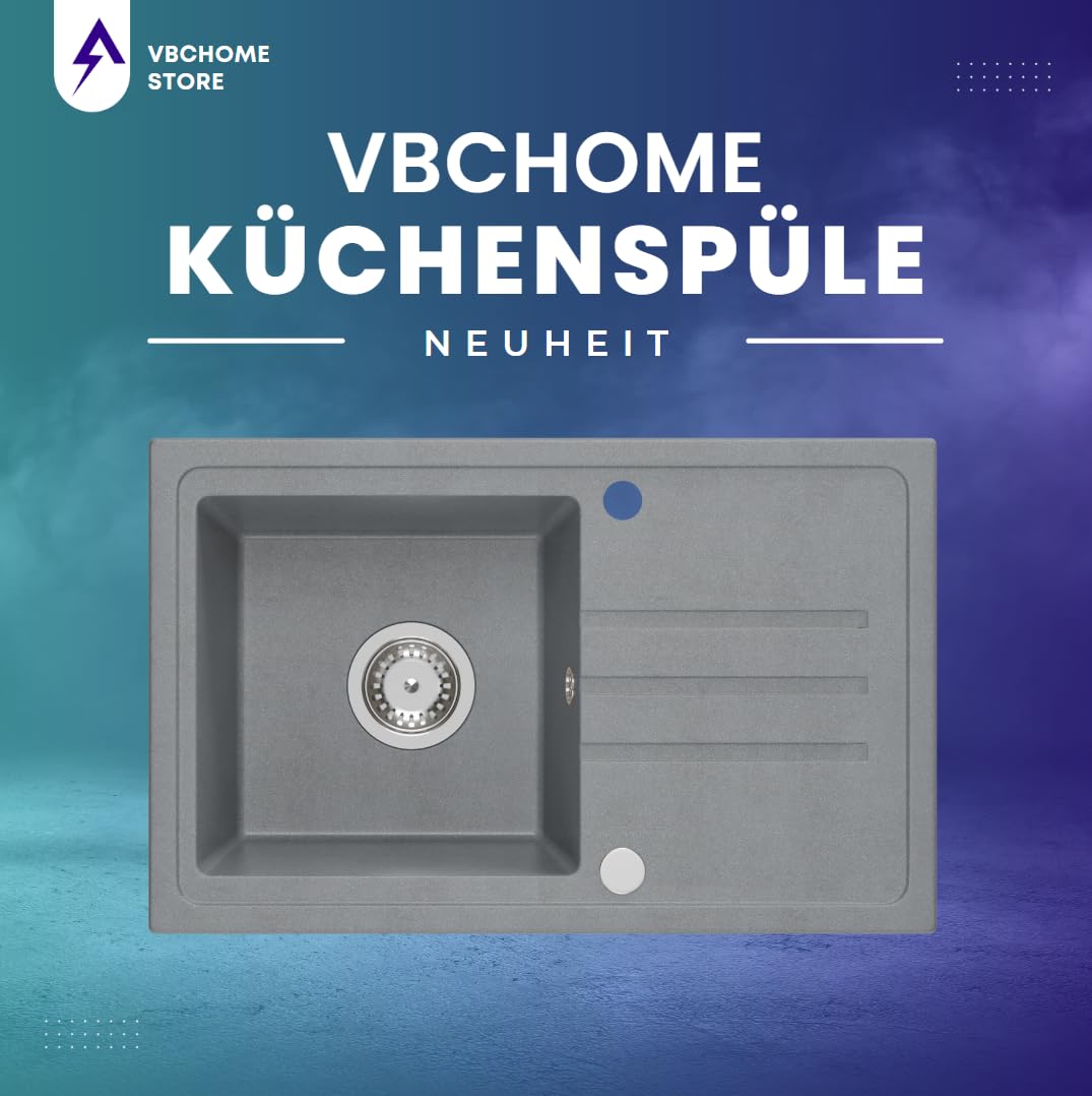VBChome Fregadero de granito gris con grifería, 70 x 44 cm, fregadero individual, empotrable, moteado, reversible, de granito, sifón, grifo, acero inoxidable, caño extensible