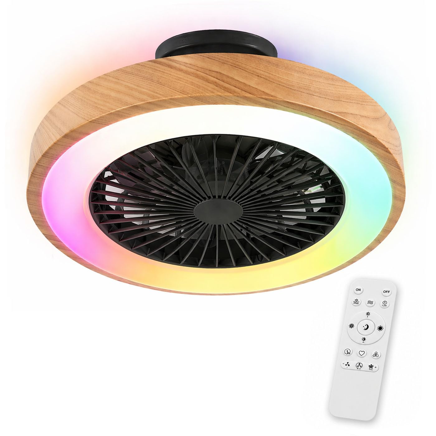 Ventilador de Techo con Luz RGB, Silencioso DC, Mando a Distancia, Lámpara Ventilador Pequeña sin Aspas, 6 Velocidades, Timer, Modo Verano/Invierno, LED 40W Regulable, para Infantil, Dormitorio