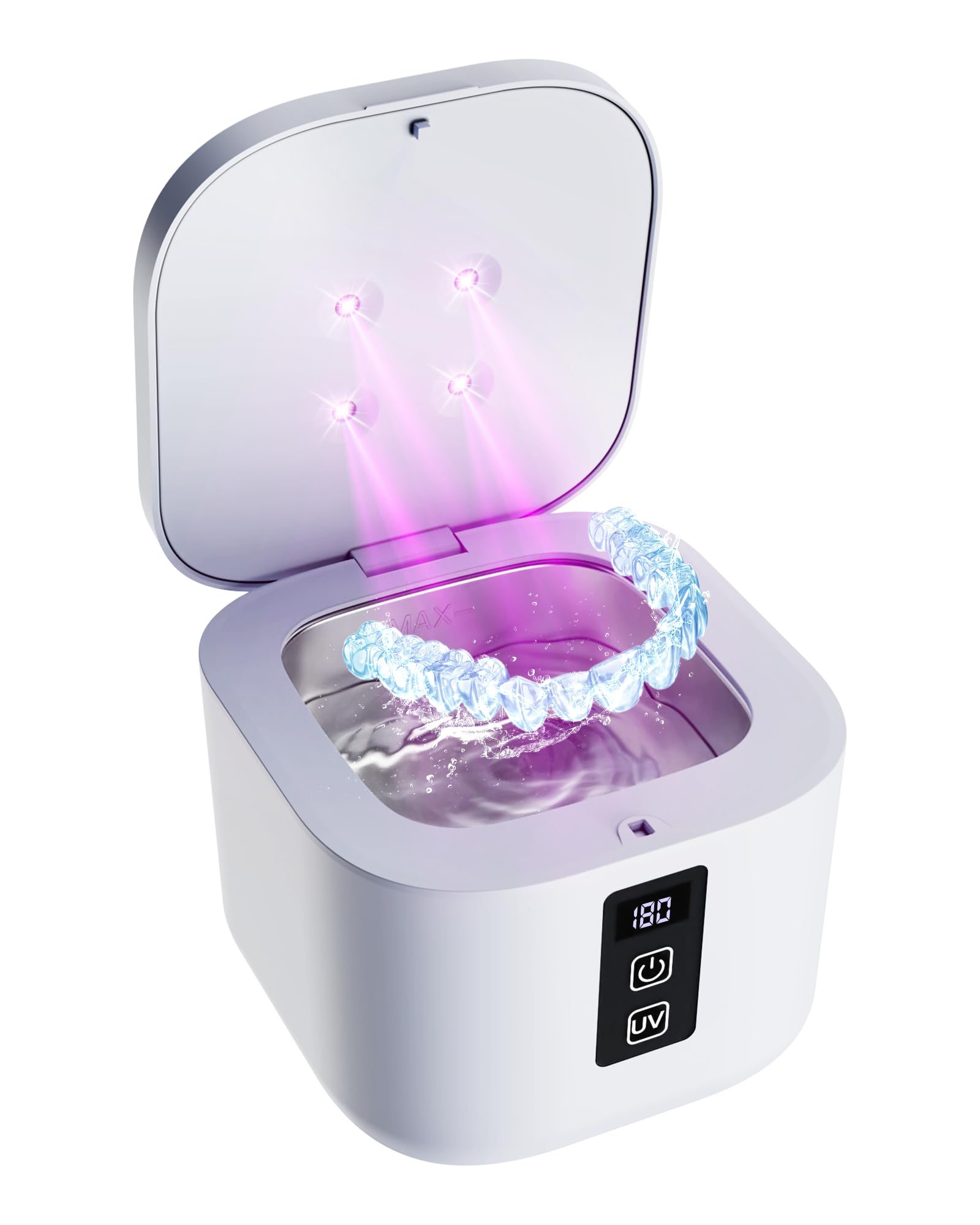Nettoyeur Ultrasons 48kHz avec Stérilisation UV 375 ml 4 Modes pour Retenue Dentaire, Protège-Dents, Aligneur, Bijoux