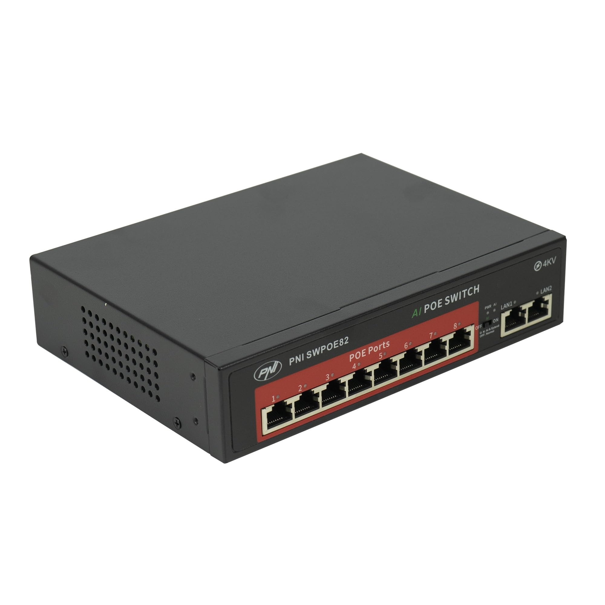 Switch POE SWPOE82 PNI, 8 porte POE da 100 Mbps e 2 porte UP Link da 100 Mbps, 120 W, funzione AI Extend fino a 250 m, protezione contro i fulmini da 4 kV