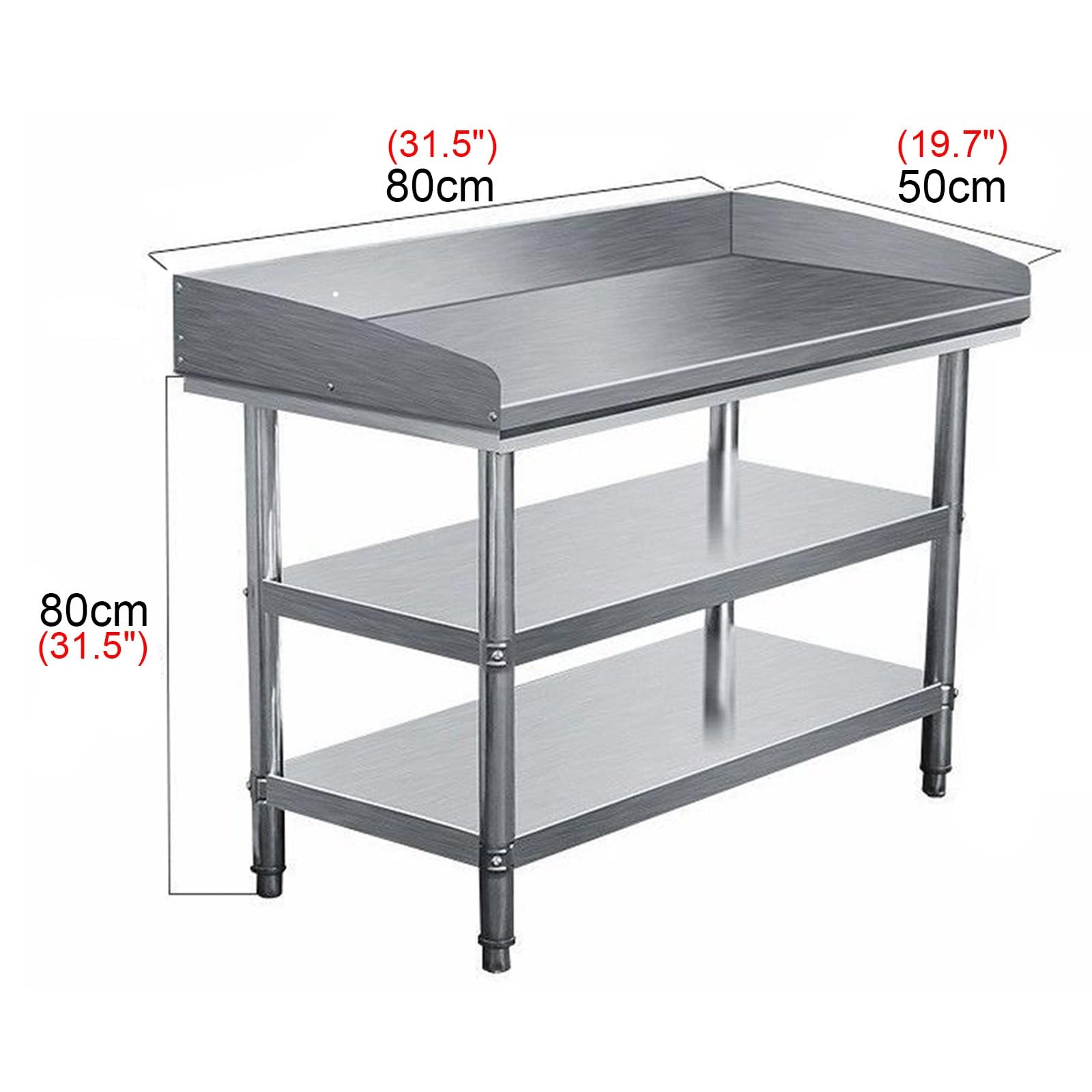 Banco de trabajo de acero inoxidable con recinto, diseño curvado de tres niveles, mesa de preparación de cocina, estación de trabajo de metal, 80 x 50 x 80 cm, ideal para espacios culinarios