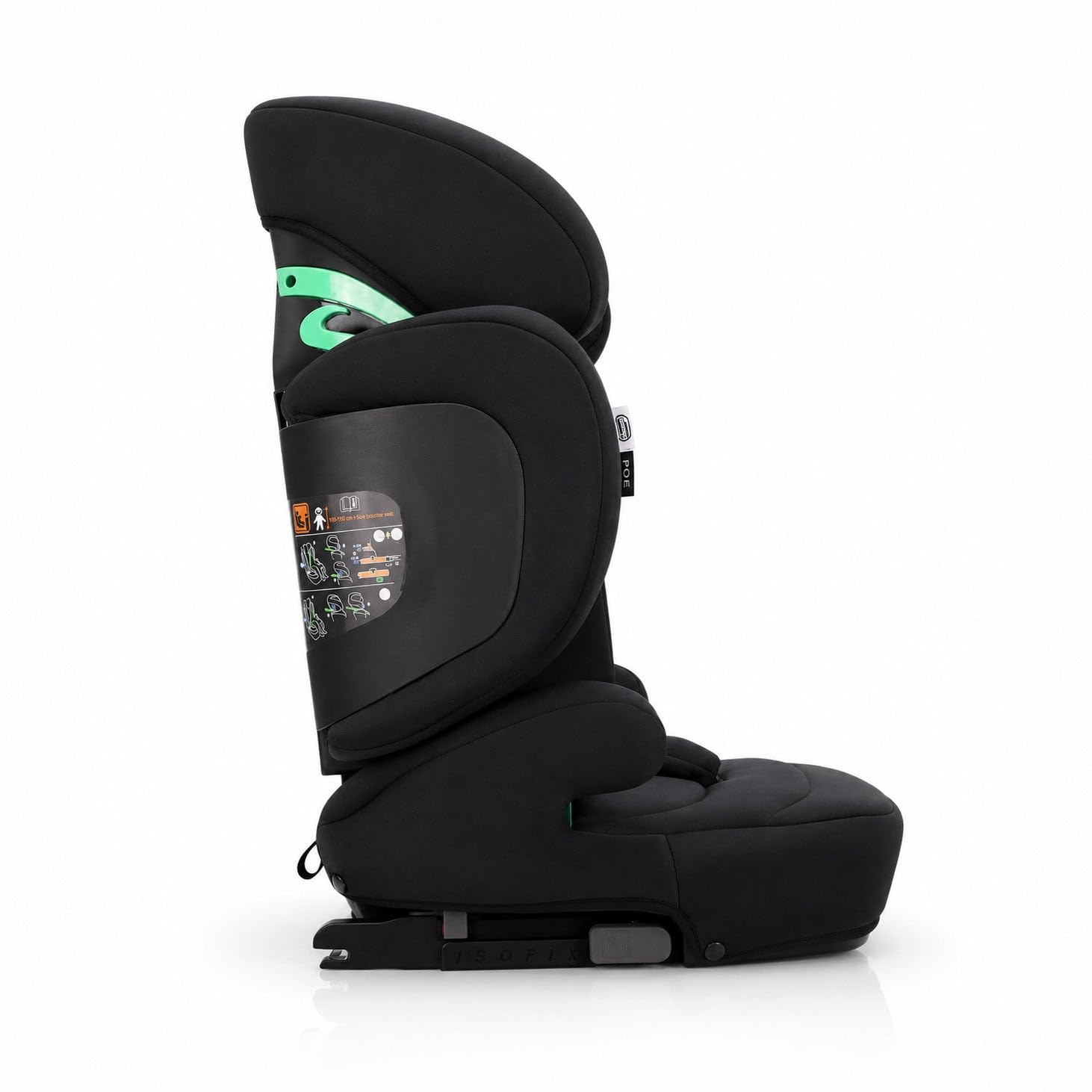 Silla de coche i-Size Isofix 100-150 cm | Homologada ECE R129, protección lateral y cervical, reposacabezas 21 cm, respaldo plegable, alas abatibles | Poe Fix Negra Asalvo