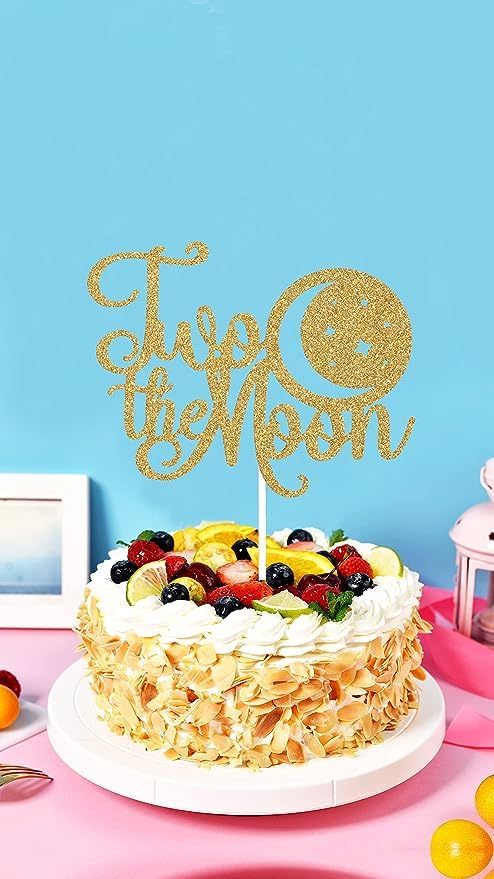 Image of Two the Moon Cake Topper | Happy 2nd Birthday Cake Topper | 2nd Birthday Party Decoration Supplie | Smash Cake Decoration | Photo Booth Props | Gold Glitter