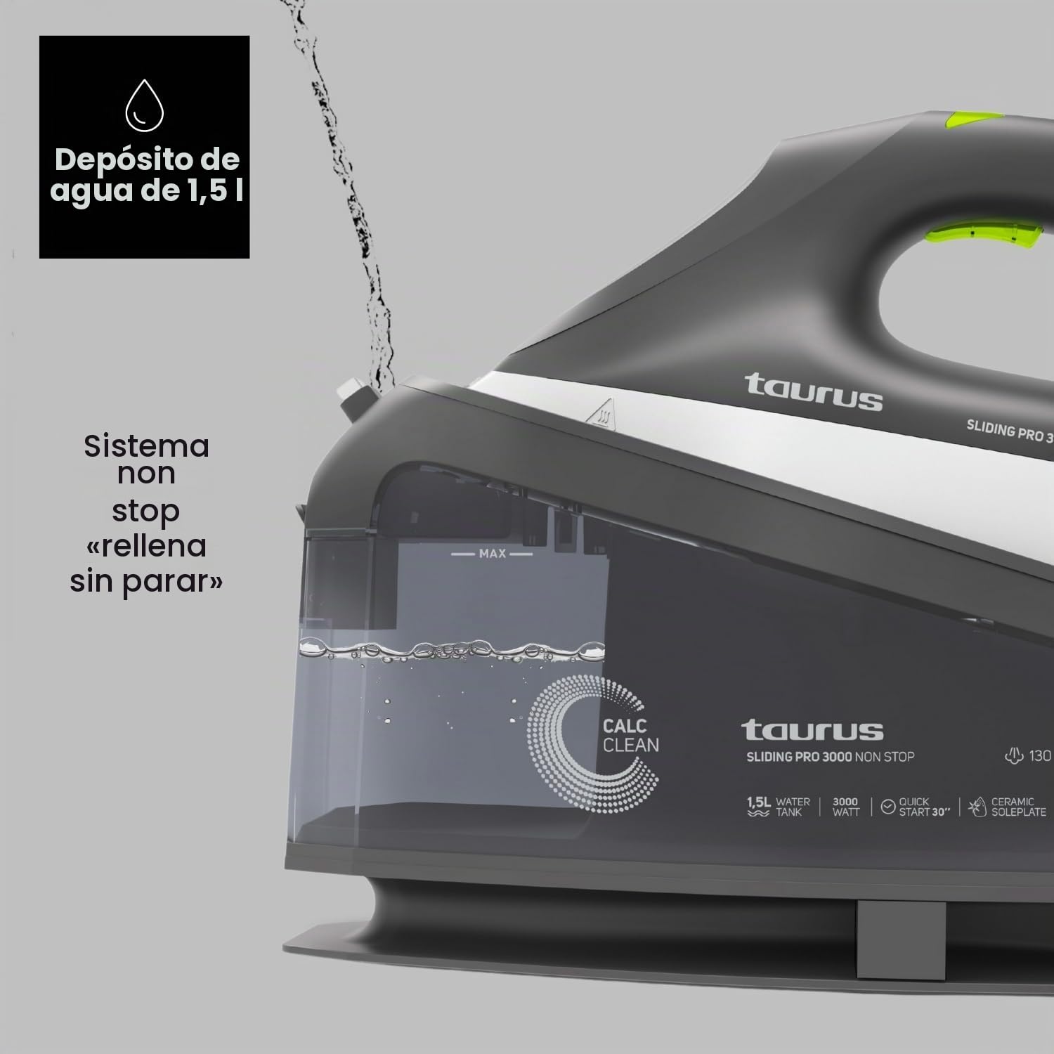 Taurus - Centro Planchado Sliding Pro 3000 Non Stop | 3000W | Vapor 130 g/min | Golpe 400 g/min | Plancha Vertical | Suela Cerámica | ECO y MAX | Depósito 1.5L | Autolimpieza | Bloqueo | Negro