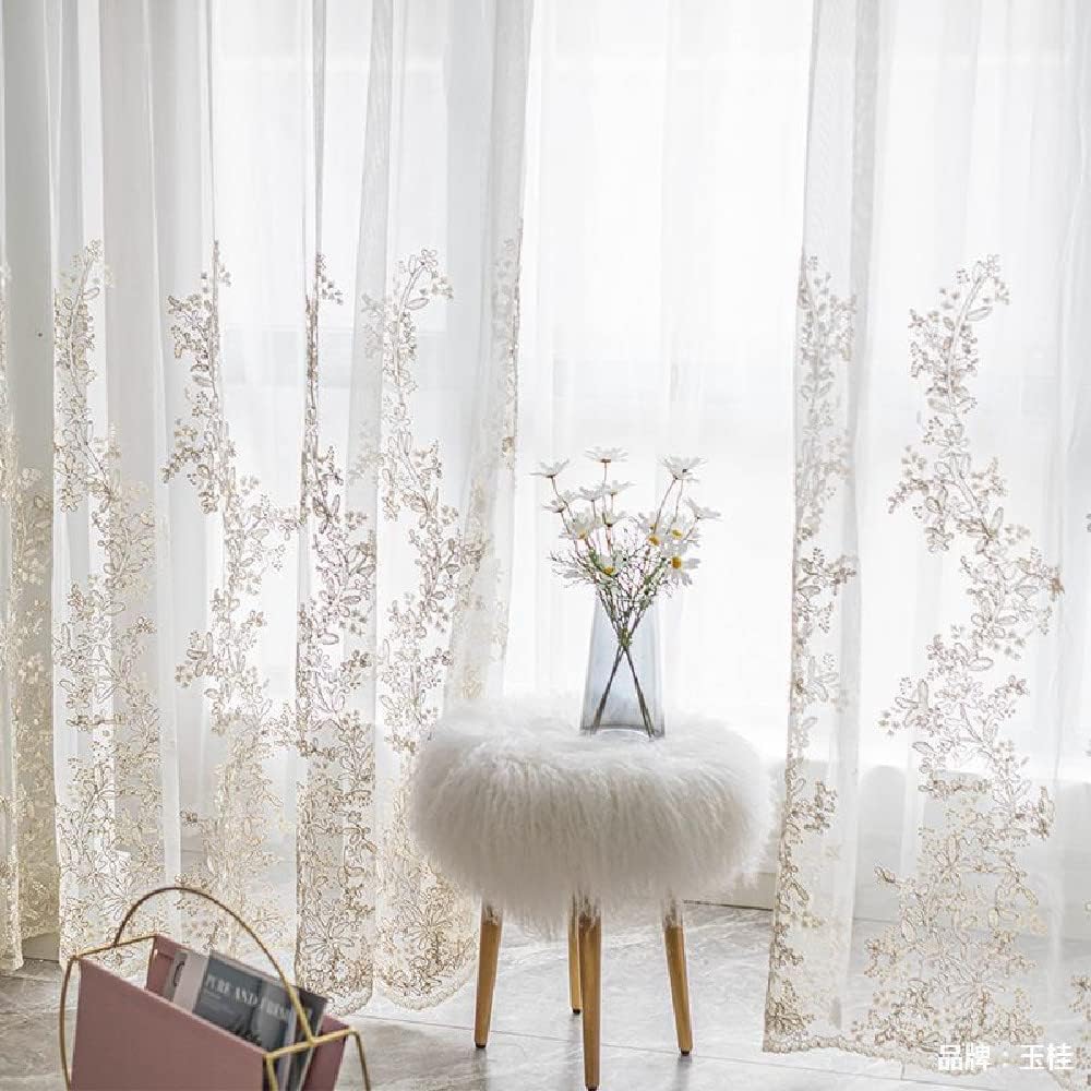 Amidoudou 1 Pair Luxury Embroidered Tulle Curtains for Living Room Wedding 3D Gold Flower Sheer Curtains (White,63x84 Inch)
