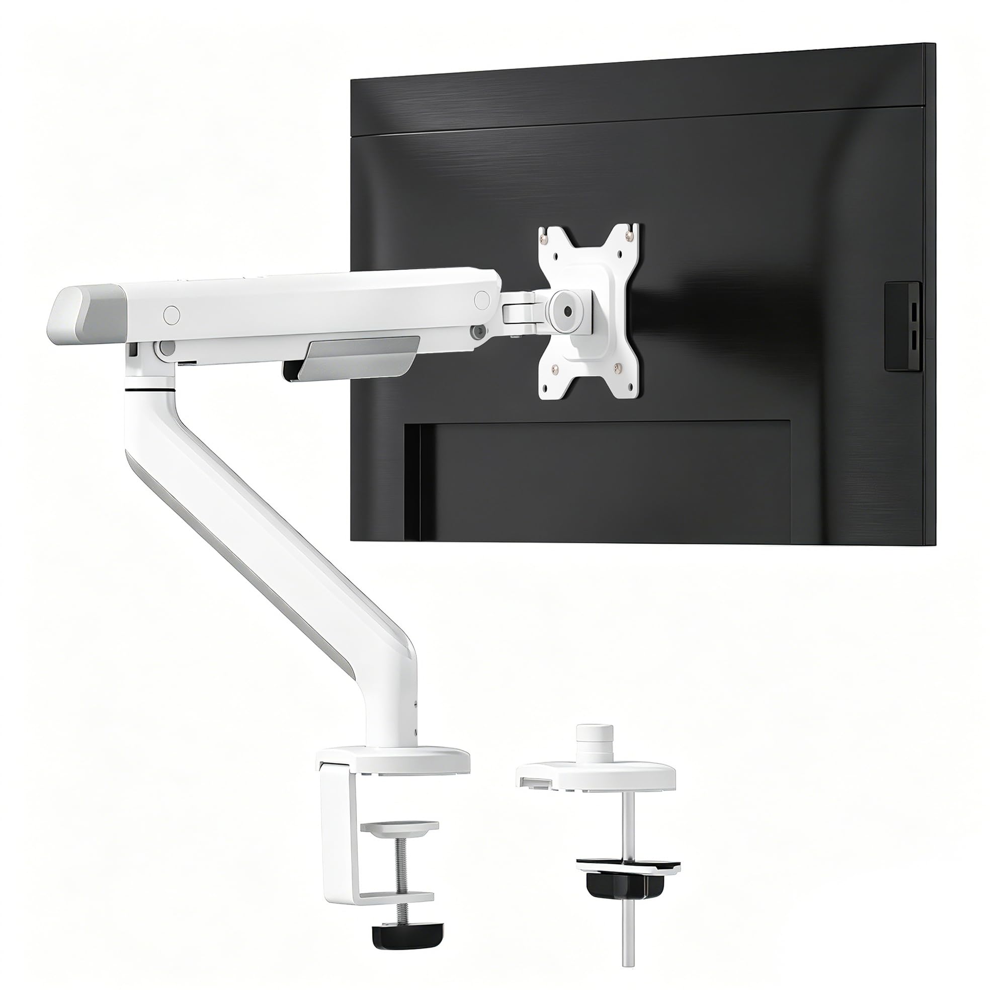 FlexiSpot Single Monitor Arm, Premium Aluminum Monitor Desk Mount Fits Screen up to 35 Inches 19.84 lbs, Fully Adjustable Monitor Stand with C-Clamp &amp; Grommet Base for Home Office, White