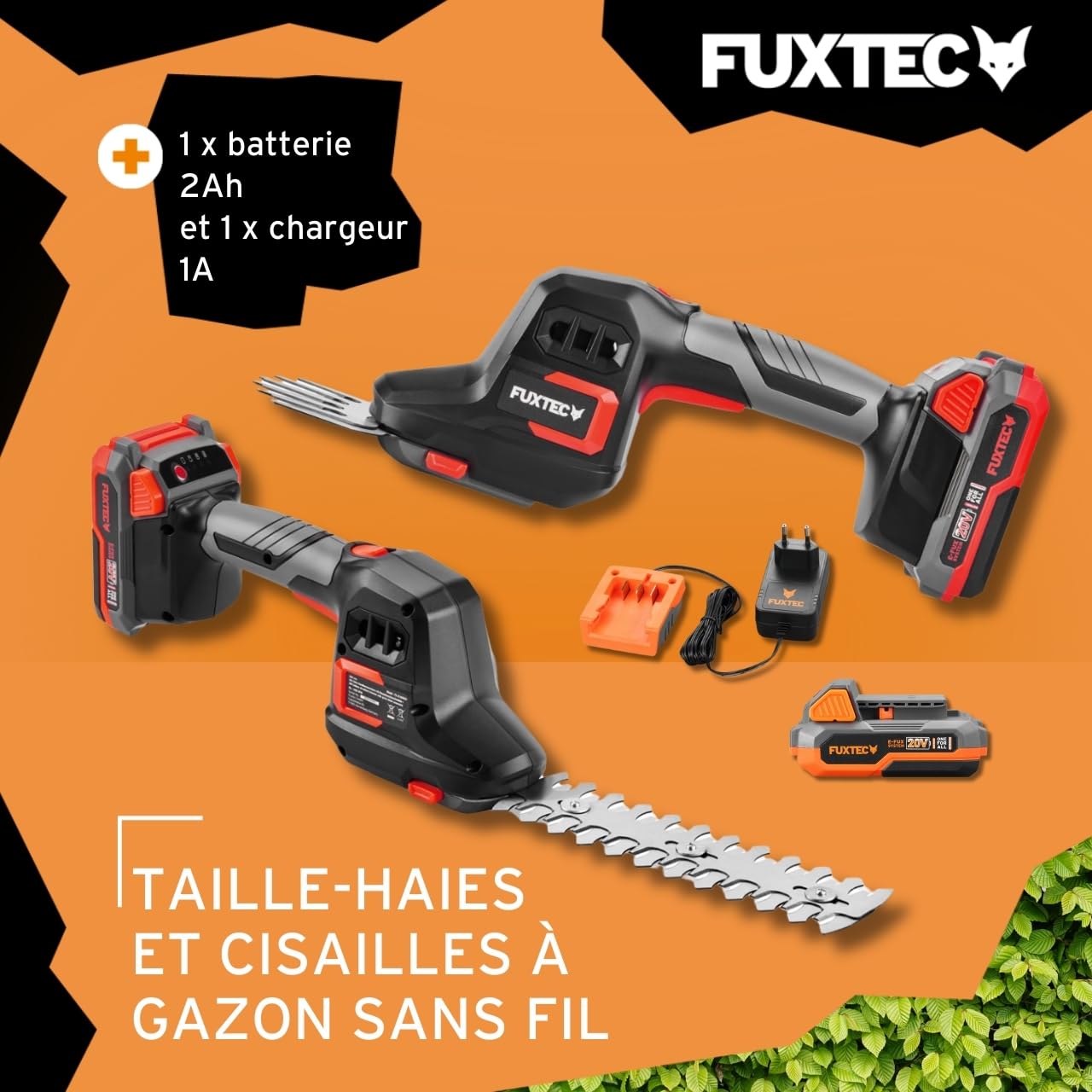FUXTEC Taille-Haies Manuel sans Fil 20V FX-E1HHS20SET - 0,67Kg Poids, Taille du Guide de 20cm, diamètre de 10,5cm, avec Batterie