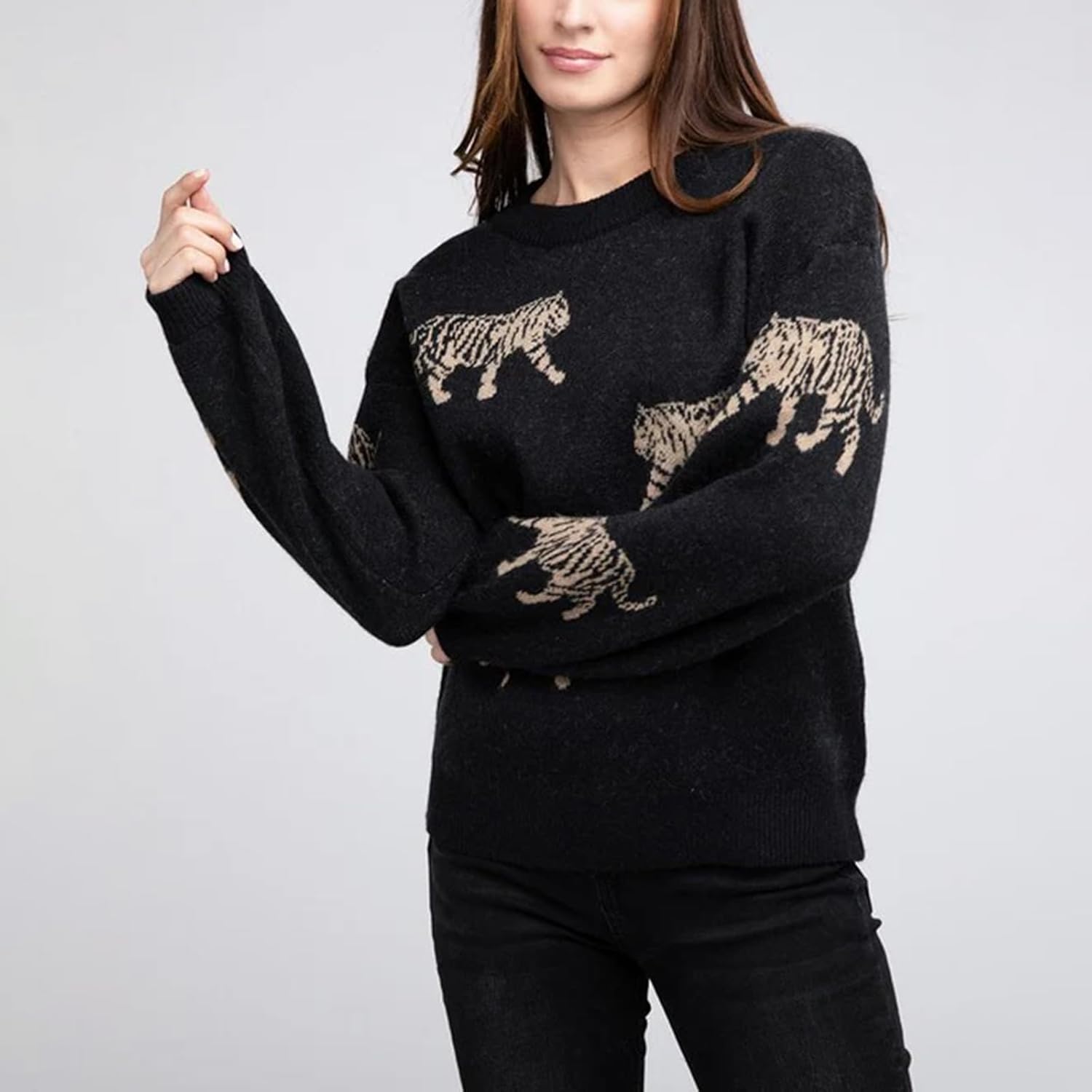 Women Y2k Sweaters Vintage Tiger Print Long Sleeve Pullover Sweater Fall Knitwear Streetwear - Image 3